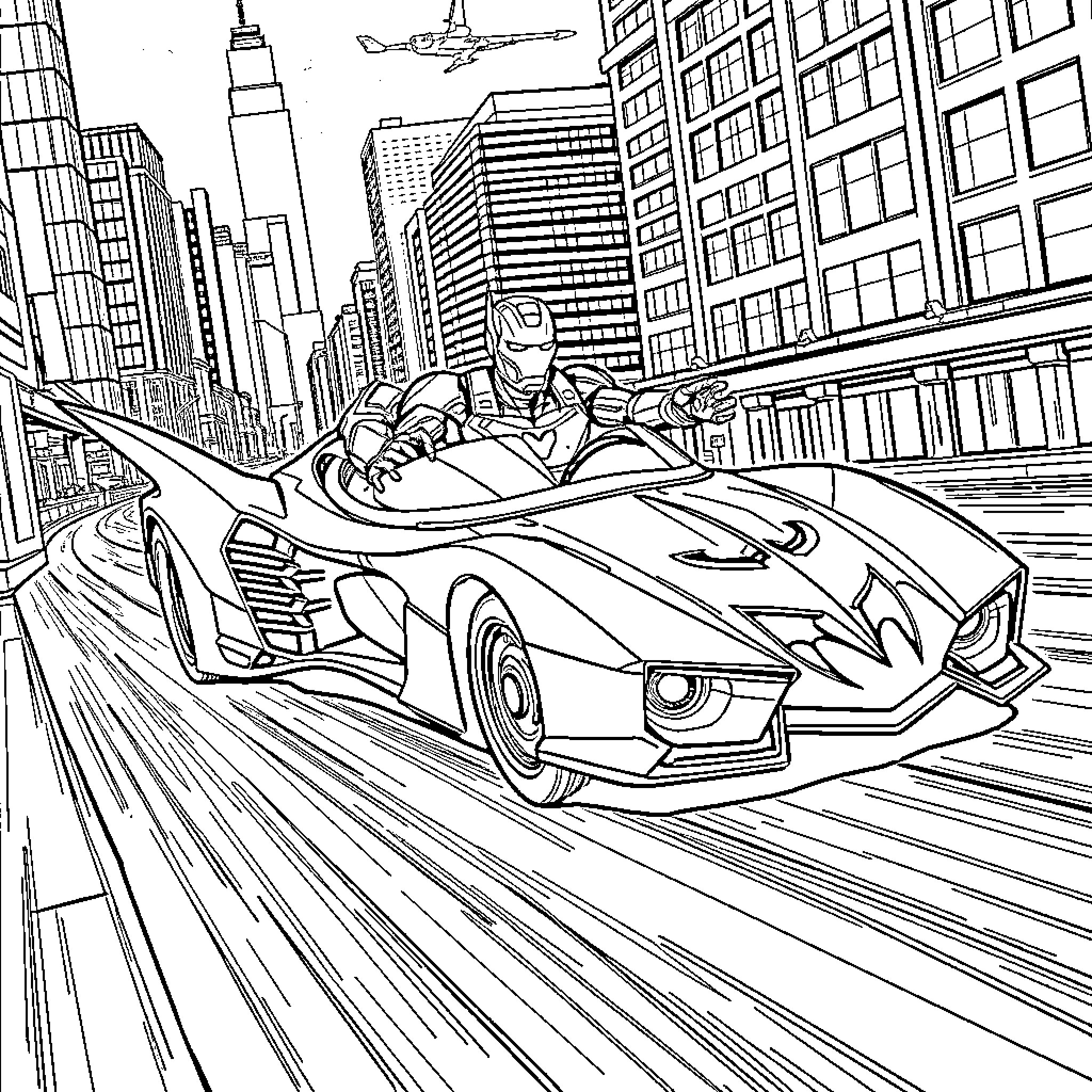 Ironman racing through the city in futuristic vehicle Coloring Page (free black-and-white line drawing printable PDF for all, from beginners to advanced learners, including children, teens, adults, and seniors)