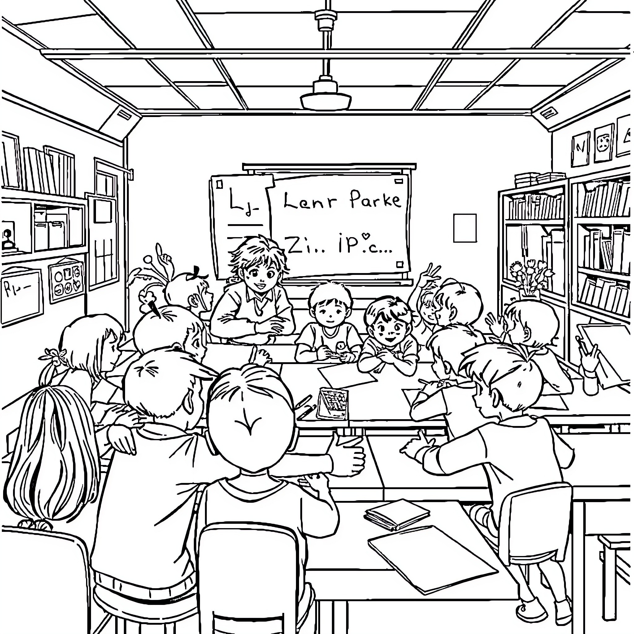 School Classroom with Students and Teacher Coloring Page (free black-and-white line drawing printable PDF for all, from beginners to advanced learners, including children, teens, adults, and seniors)