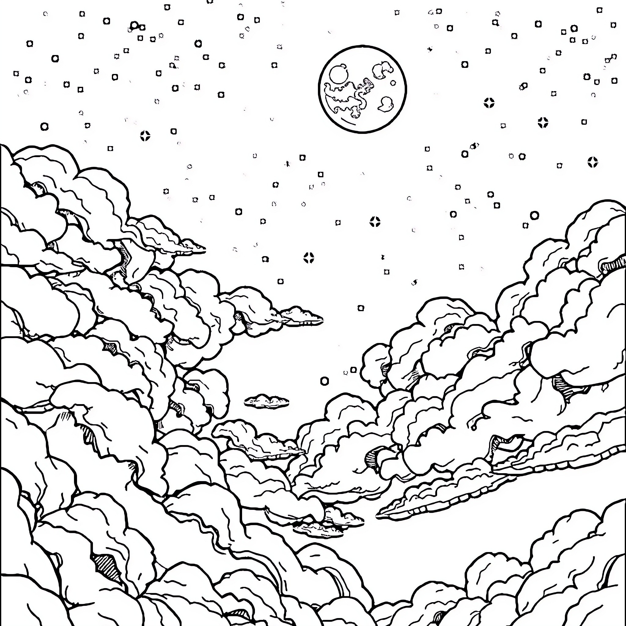 Moon and Clouds in the Night Sky Coloring Page (free black-and-white line drawing printable PDF for all, from beginners to advanced learners, including children, teens, adults, and seniors)