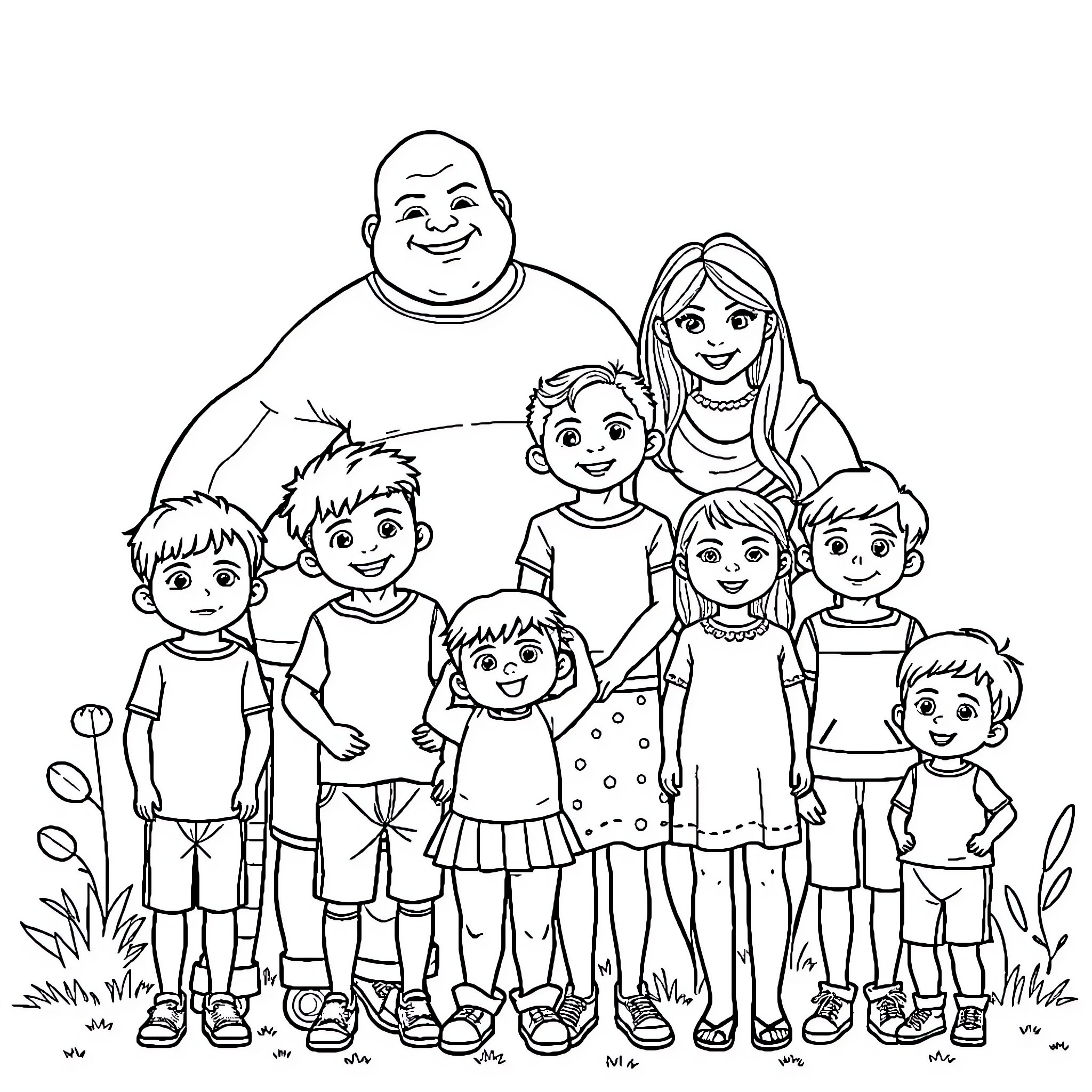 Family Portrait of Smiling Relatives Outdoors Coloring Page (free black-and-white line drawing printable PDF for all, from beginners to advanced learners, including children, teens, adults, and seniors)