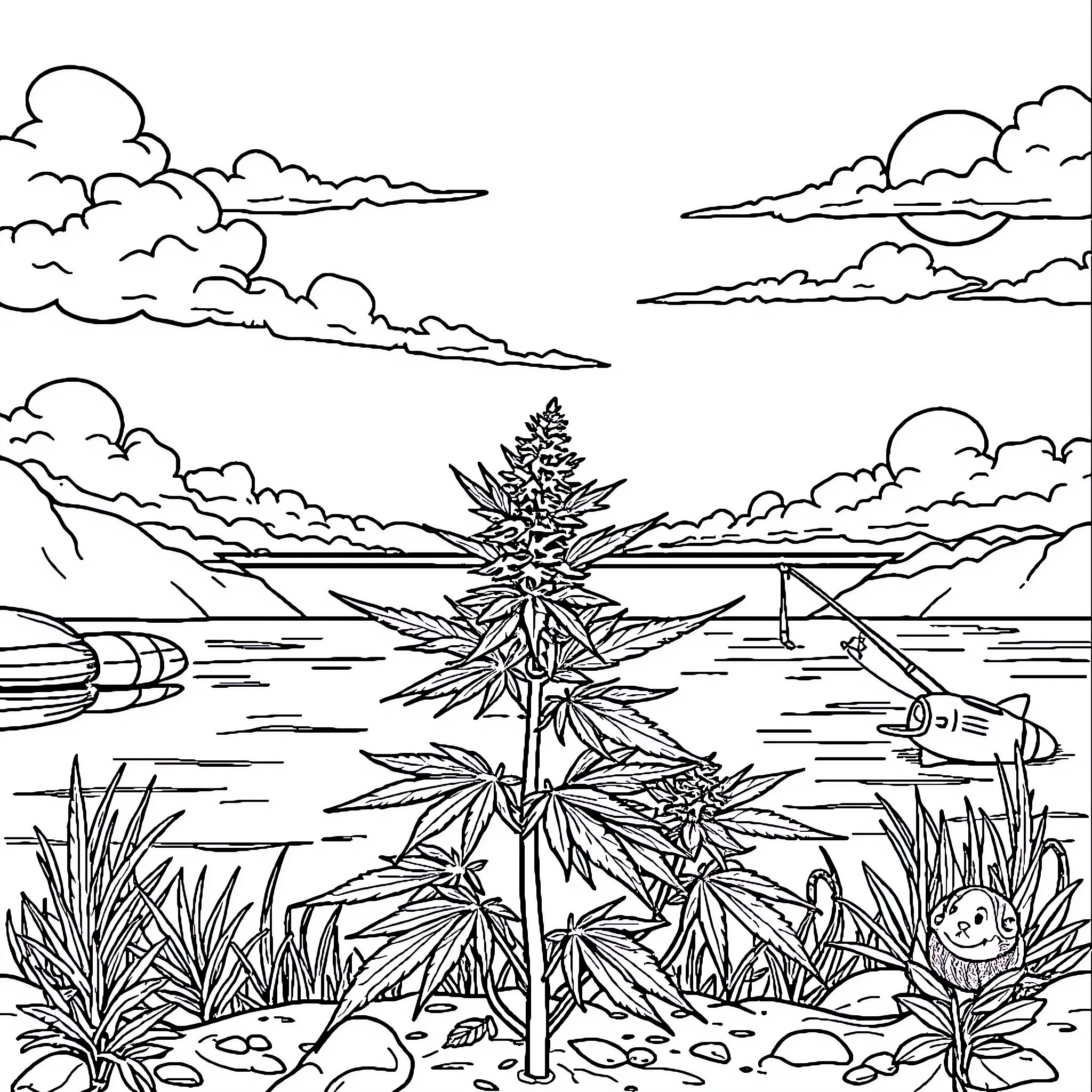 Marijuana plants growing by the peaceful lakeside Coloring Page (free black-and-white line drawing printable PDF for all, from beginners to advanced learners, including children, teens, adults, and seniors)