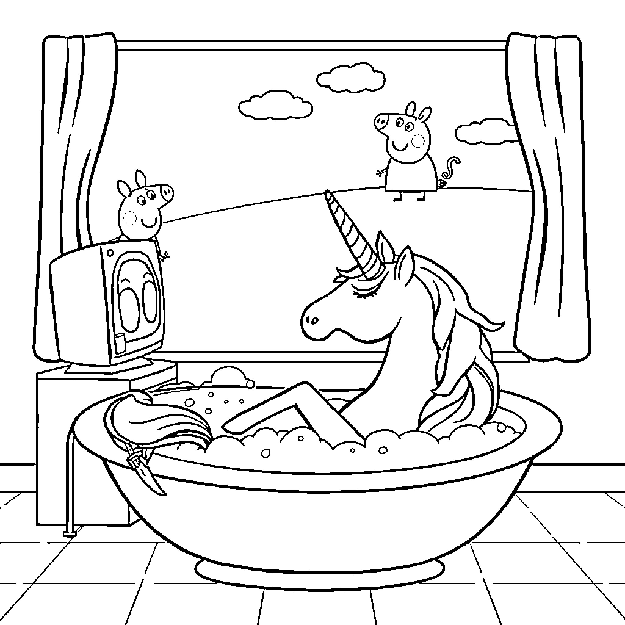 Unicorn Playing in a Bubble Bath Coloring Page (free black-and-white line drawing printable PDF for all, from beginners to advanced learners, including children, teens, adults, and seniors)