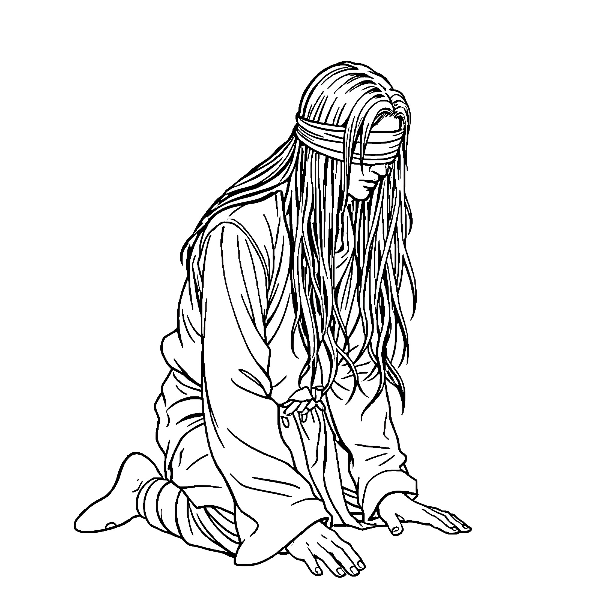 Man in meditative pose with long hair Coloring Page (free black-and-white line drawing printable PDF for all, from beginners to advanced learners, including children, teens, adults, and seniors)
