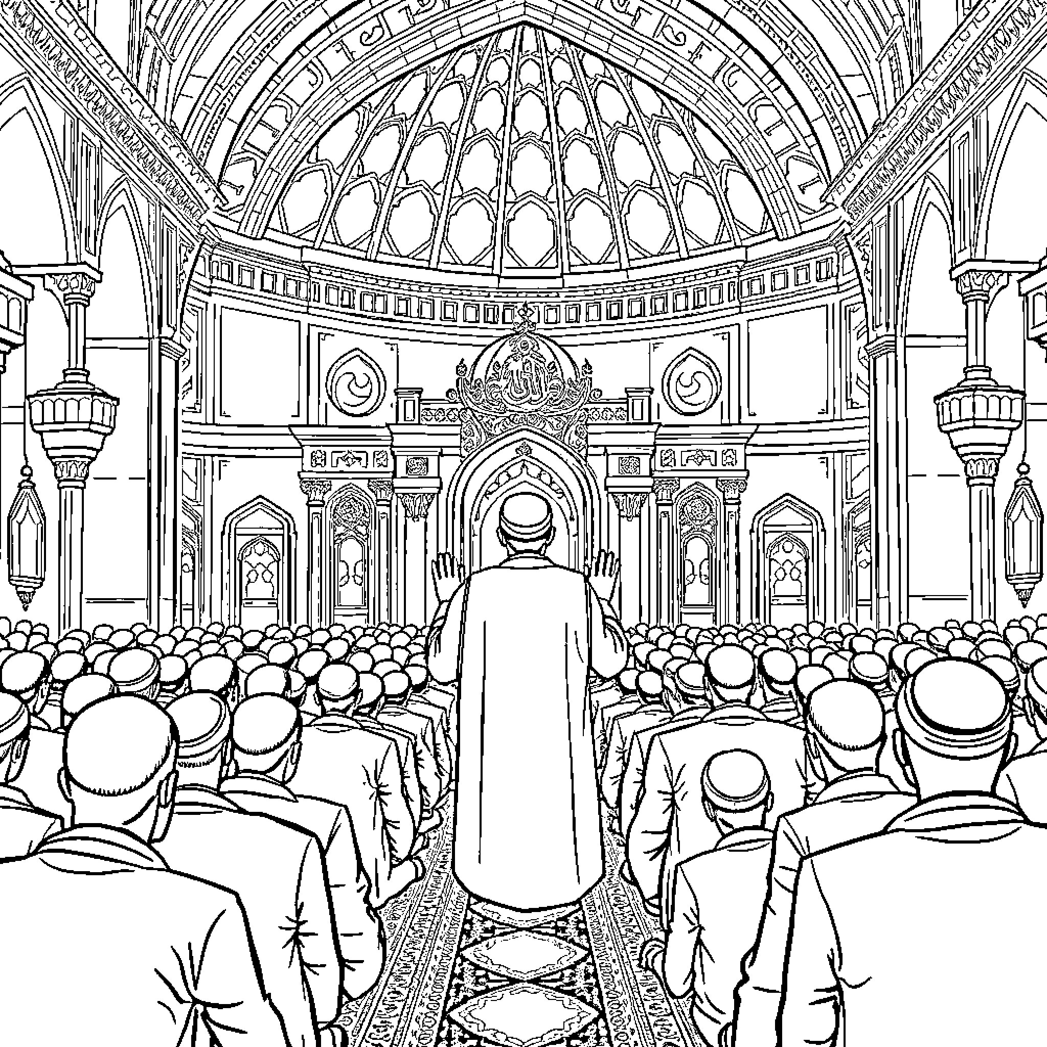 Imam addressing a crowded mosque interior Coloring Page (free black-and-white line drawing printable PDF for all, from beginners to advanced learners, including children, teens, adults, and seniors)