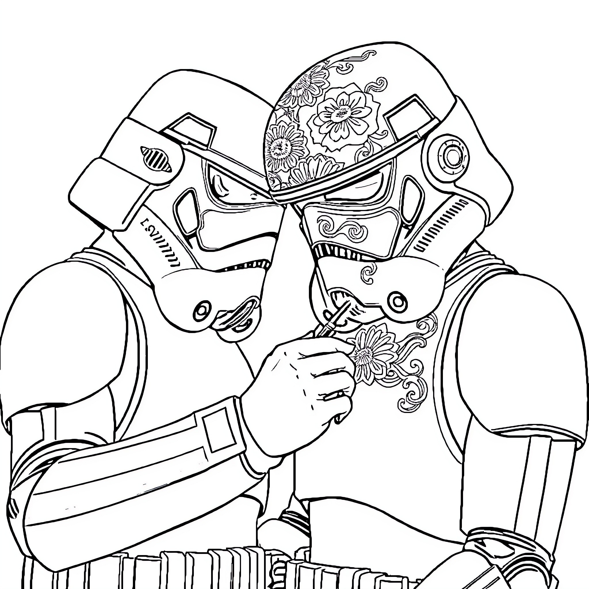 Stormtroopers in ornate uniforms Coloring Page (free black-and-white line drawing printable PDF for all, from beginners to advanced learners, including children, teens, adults, and seniors)