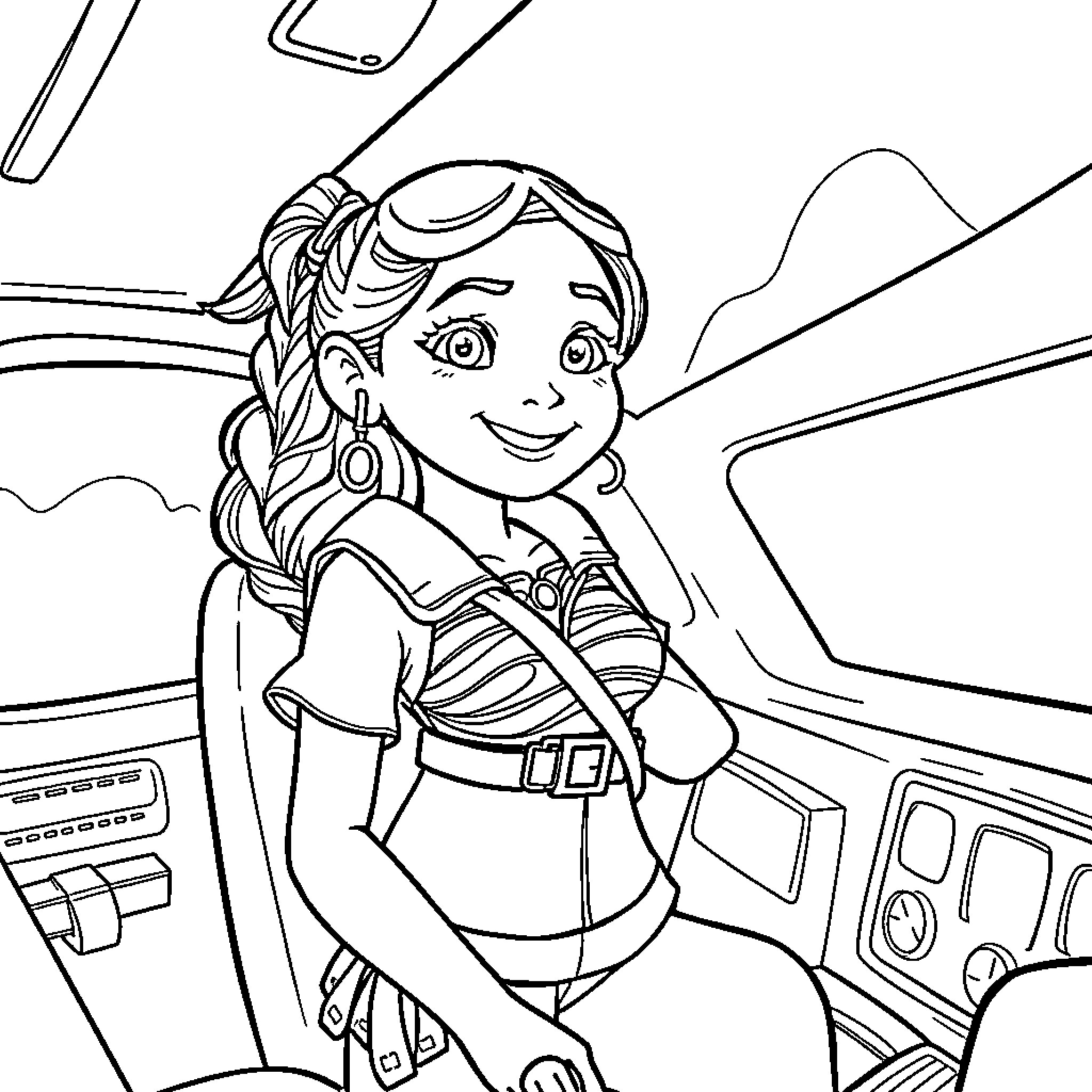 Moana exploring the open road in her vehicle Coloring Page (free black-and-white line drawing printable PDF for all, from beginners to advanced learners, including children, teens, adults, and seniors)