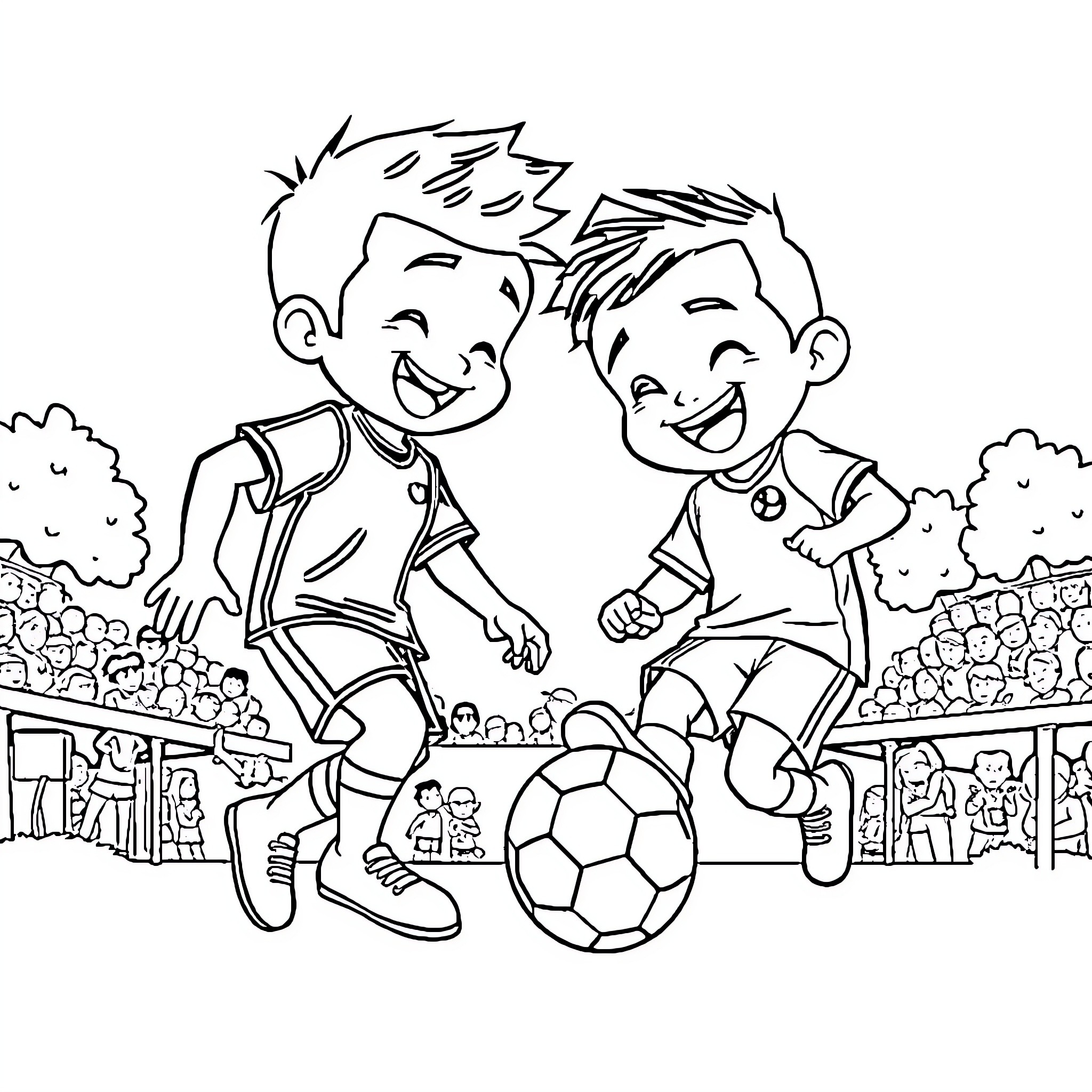 Upin and Ipin playing soccer happily together Coloring Page (free black-and-white line drawing printable PDF for all, from beginners to advanced learners, including children, teens, adults, and seniors)