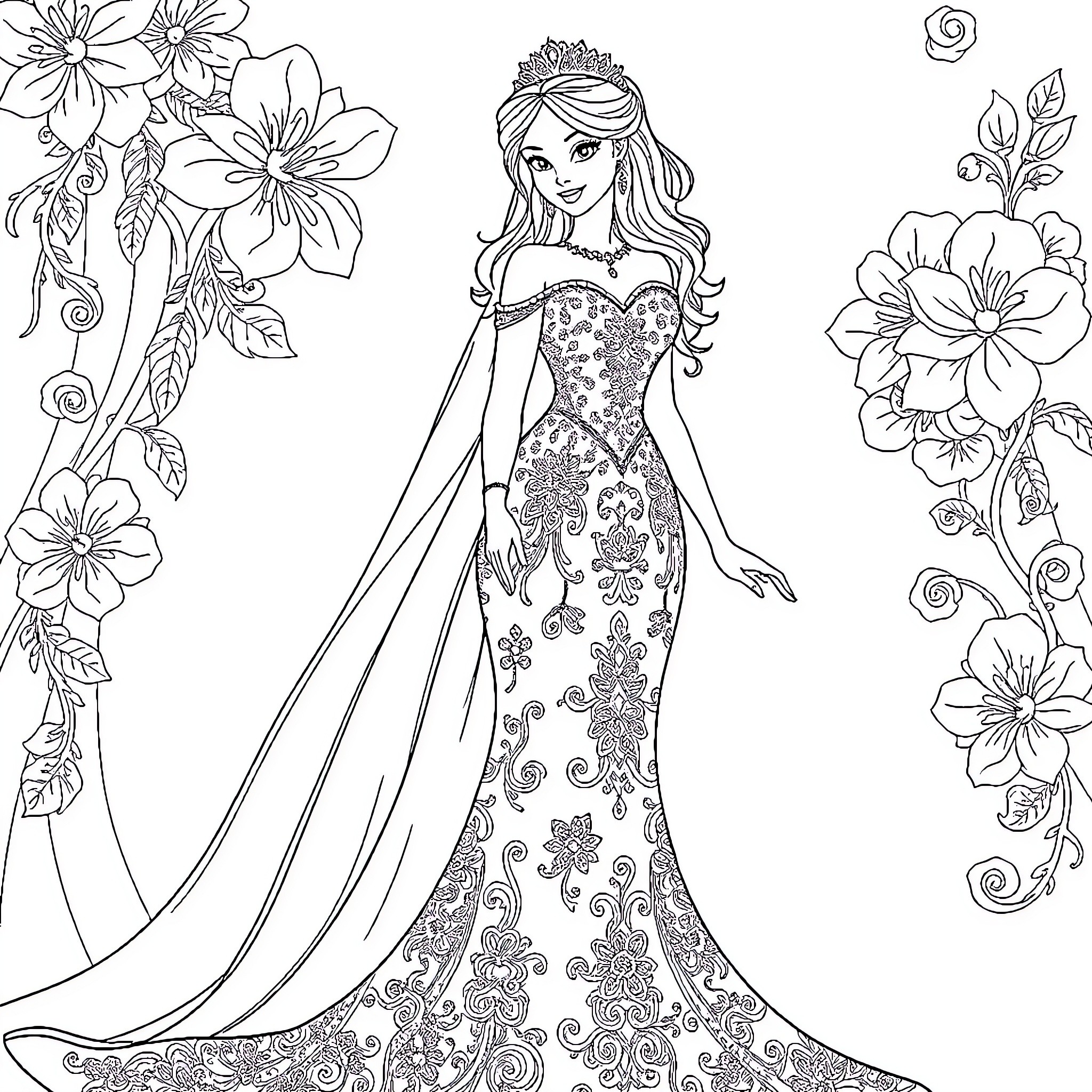Princess in elegant floral gown with flowing dress Coloring Page (free black-and-white line drawing printable PDF for all, from beginners to advanced learners, including children, teens, adults, and seniors)