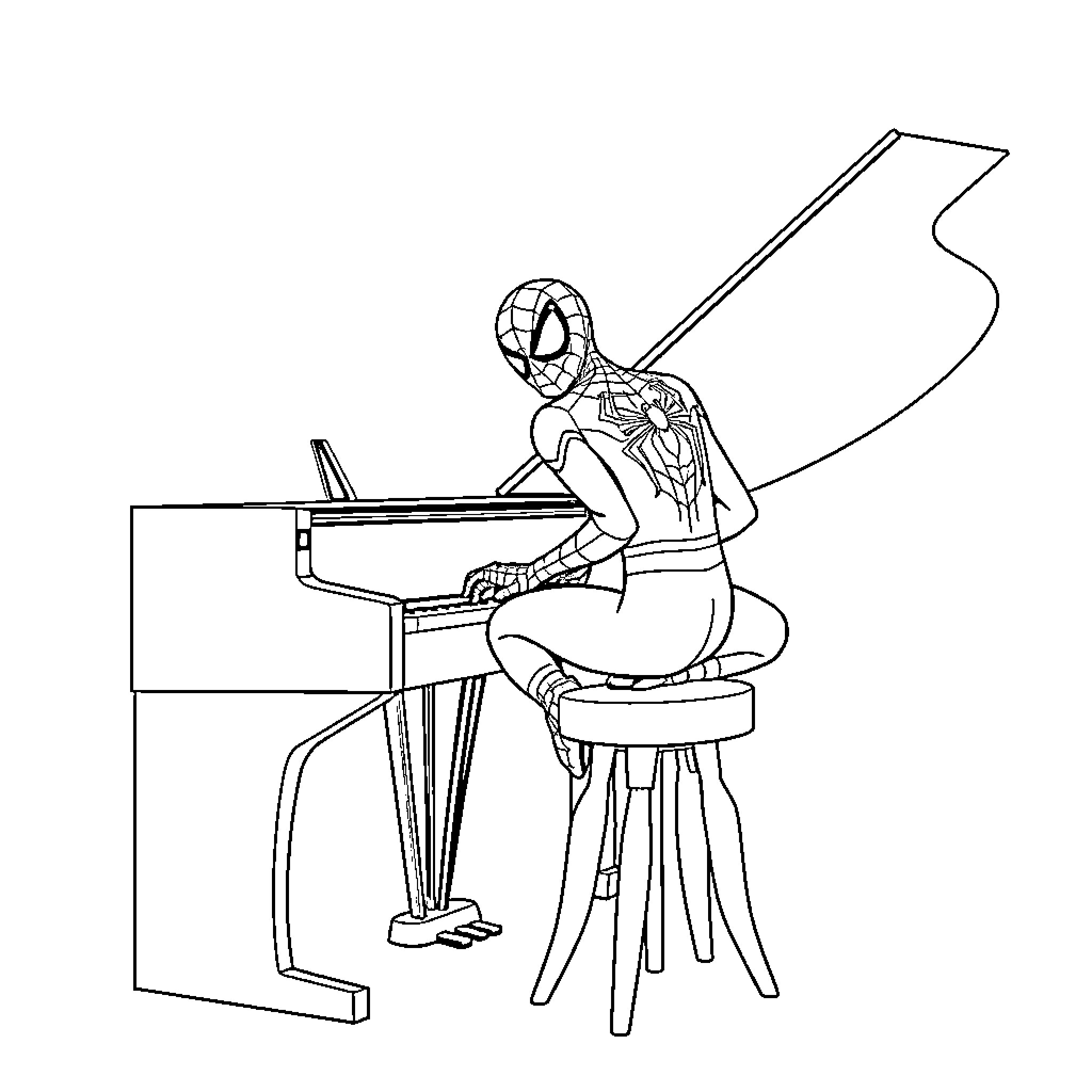Spiderman playing the piano in costume Coloring Page (free black-and-white line drawing printable PDF for all, from beginners to advanced learners, including children, teens, adults, and seniors)