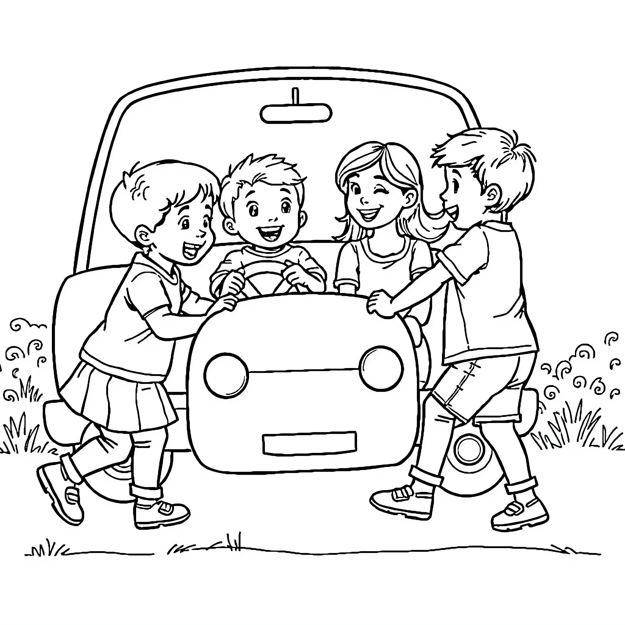 Car Ride with Happy Family Coloring Page (free black-and-white line drawing printable PDF for all, from beginners to advanced learners, including children, teens, adults, and seniors)