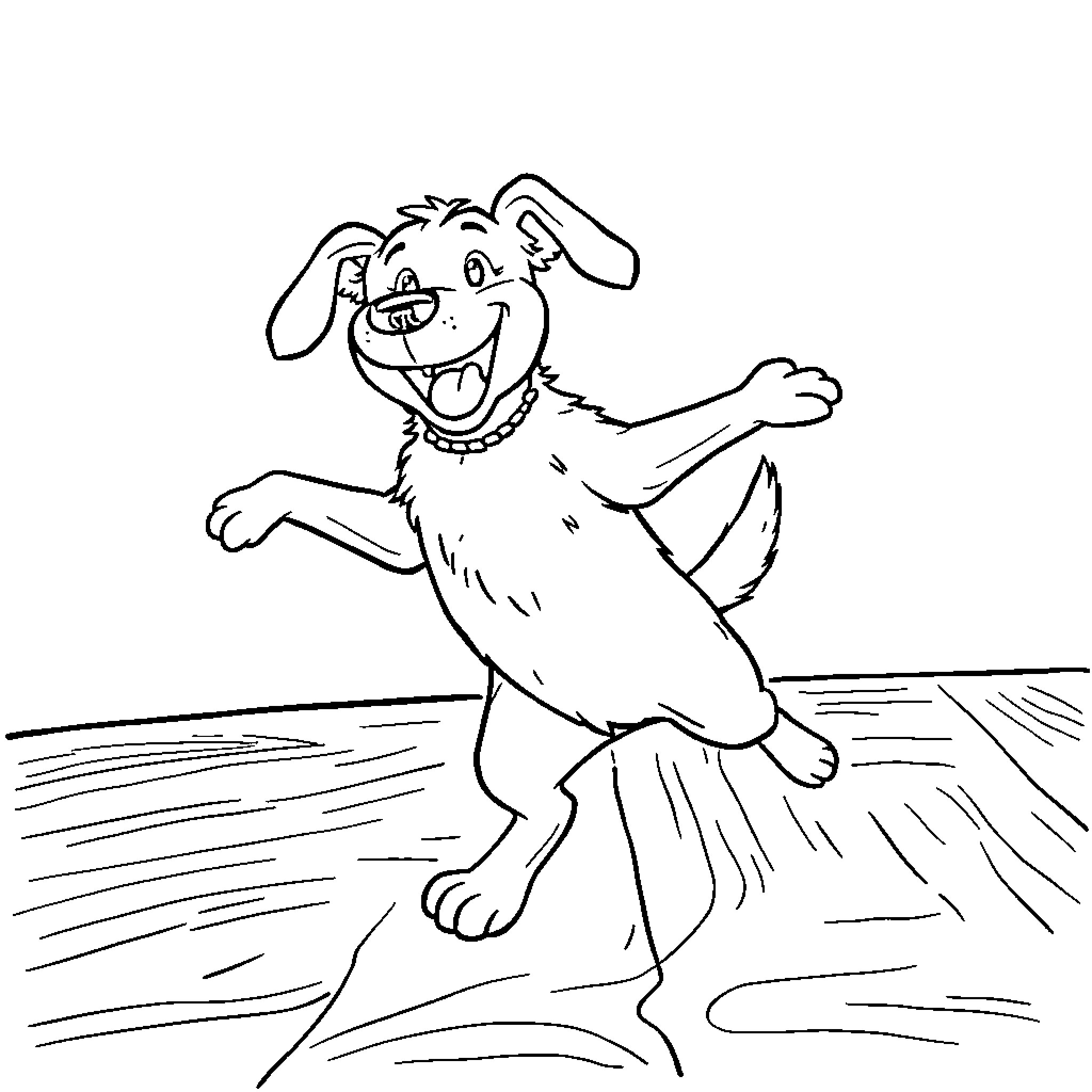 Dog happily jumping and playing Coloring Page (free black-and-white line drawing printable PDF for all, from beginners to advanced learners, including children, teens, adults, and seniors)