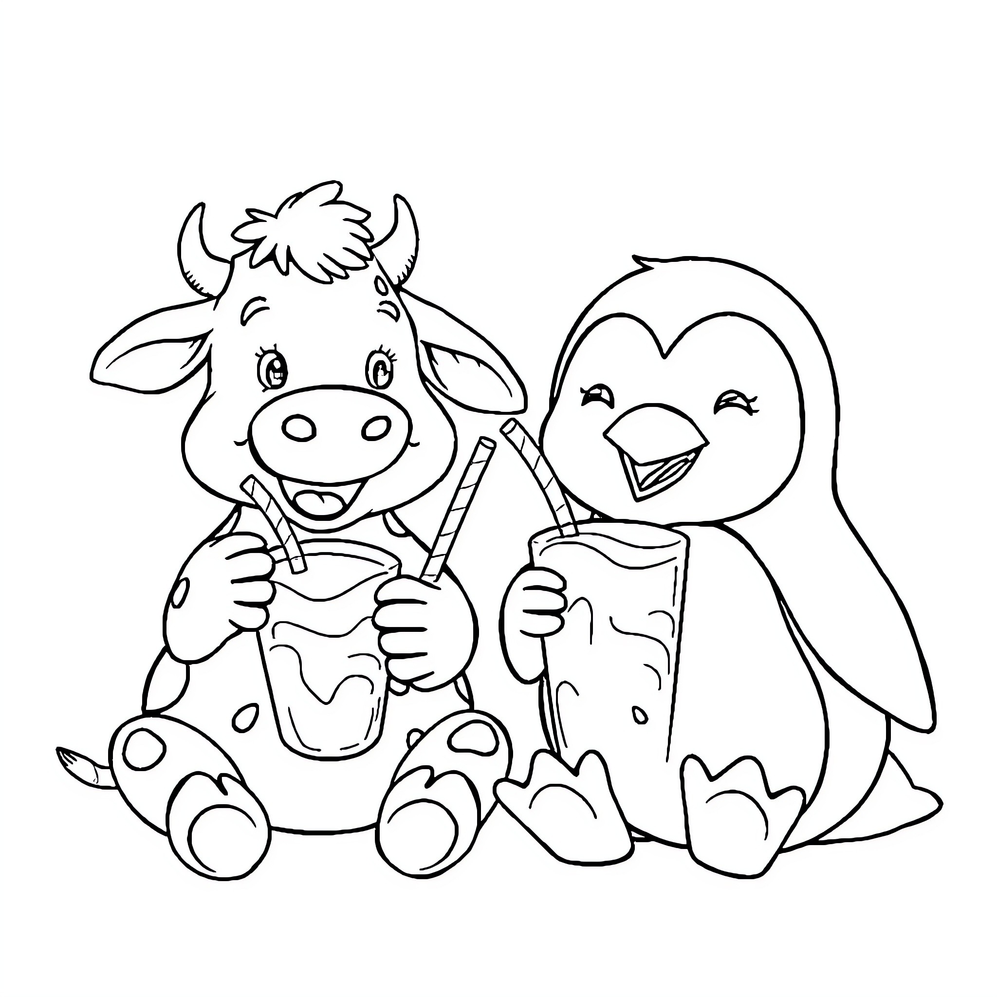 Cow and penguin enjoying refreshing drinks Coloring Page (free black-and-white line drawing printable PDF for all, from beginners to advanced learners, including children, teens, adults, and seniors)