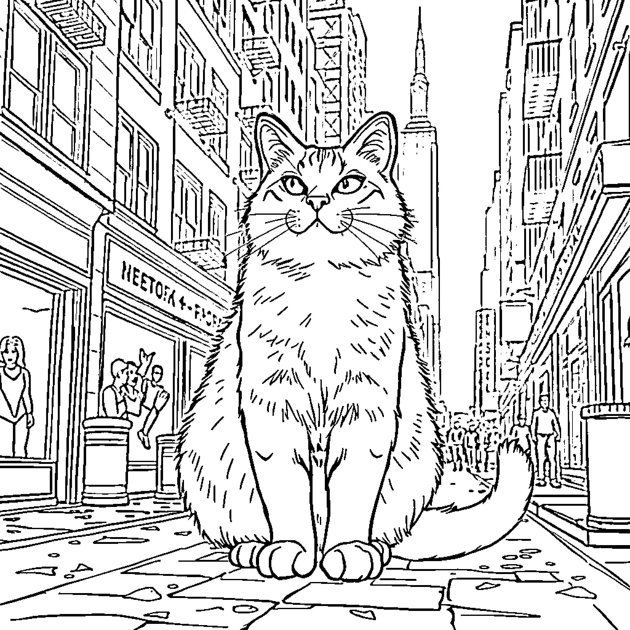Gato exploring the city streets Coloring Page (free black-and-white line drawing printable PDF for all, from beginners to advanced learners, including children, teens, adults, and seniors)