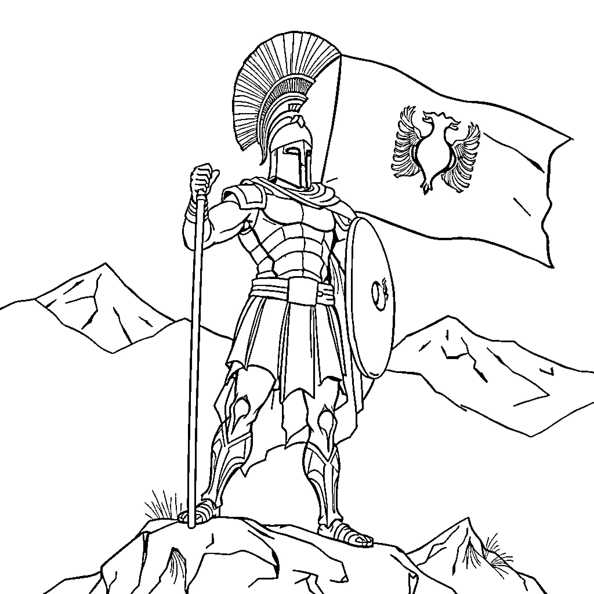 Spartan warrior standing on mountain with flag Coloring Page (free black-and-white line drawing printable PDF for all, from beginners to advanced learners, including children, teens, adults, and seniors)