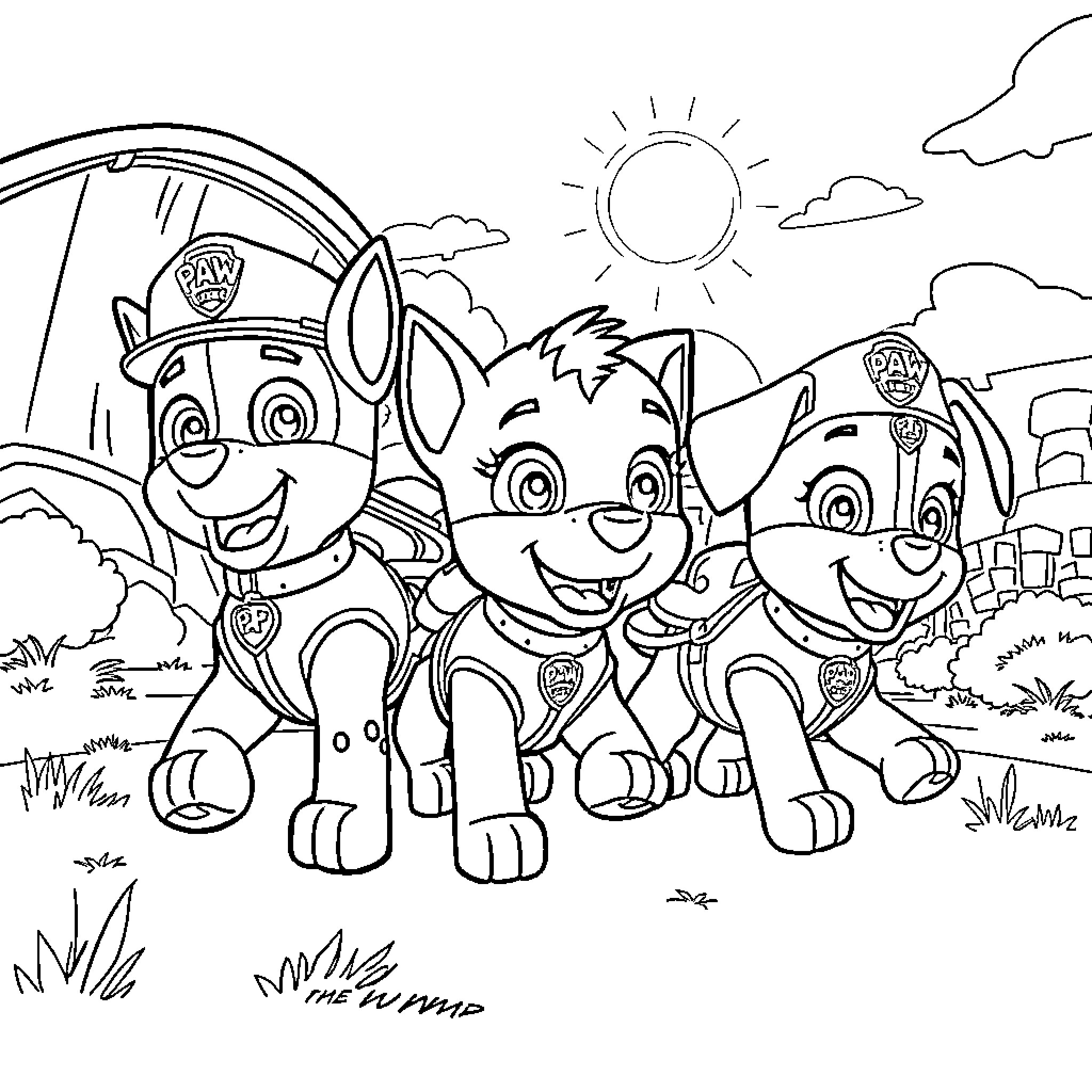 Paw Patrol Pups Exploring the Outdoors Coloring Page (free black-and-white line drawing printable PDF for all, from beginners to advanced learners, including children, teens, adults, and seniors)