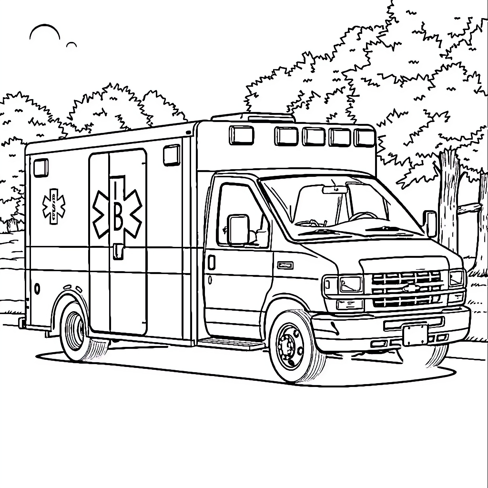Ambulance in action on the road Coloring Page (free black-and-white line drawing printable PDF for all, from beginners to advanced learners, including children, teens, adults, and seniors)