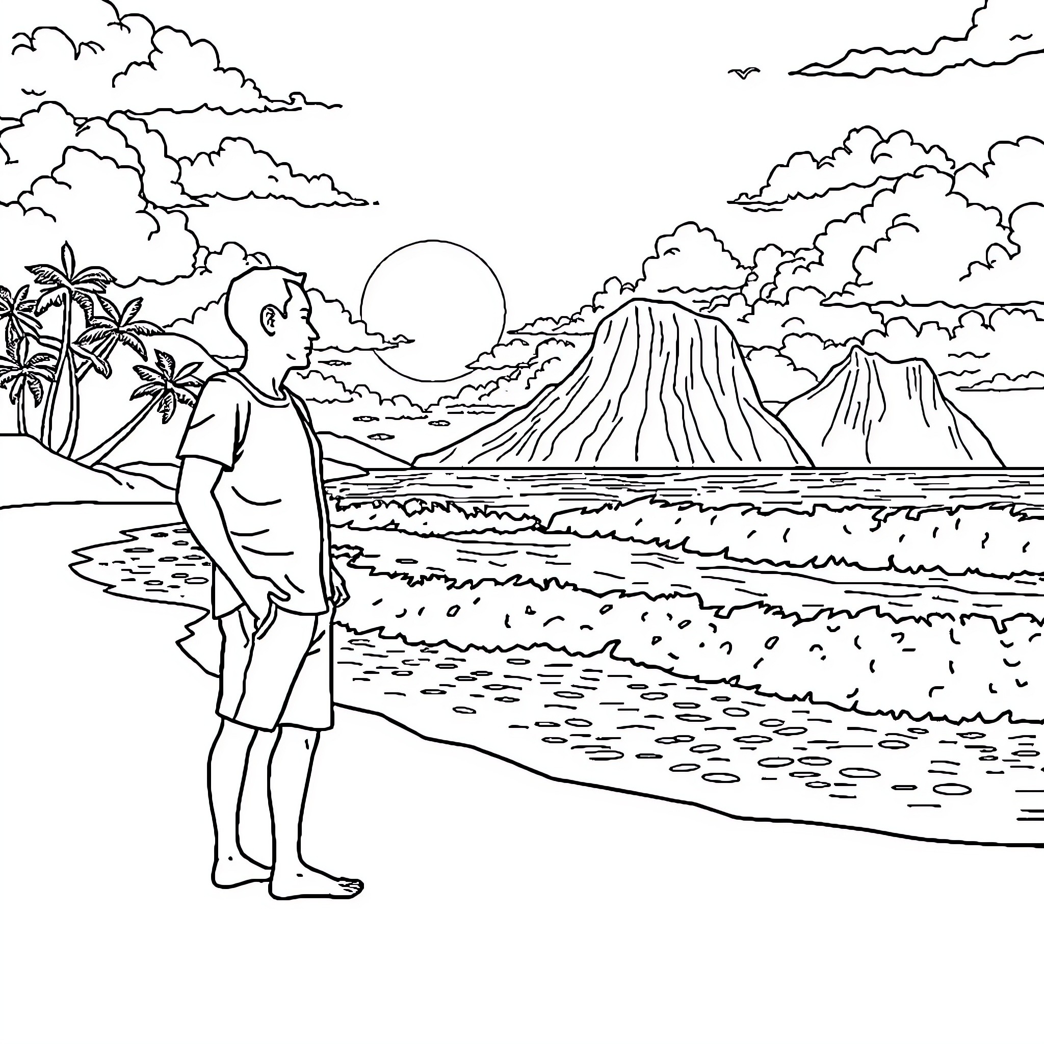 Husband enjoying a scenic beach landscape Coloring Page (free black-and-white line drawing printable PDF for all, from beginners to advanced learners, including children, teens, adults, and seniors)