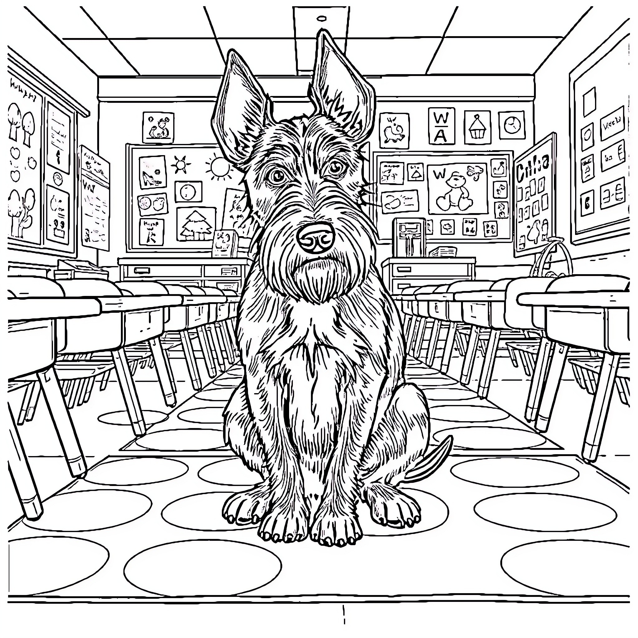 Patterdale Terrier sitting in an elementary school classroom Coloring Page (free black-and-white line drawing printable PDF for all, from beginners to advanced learners, including children, teens, adults, and seniors)