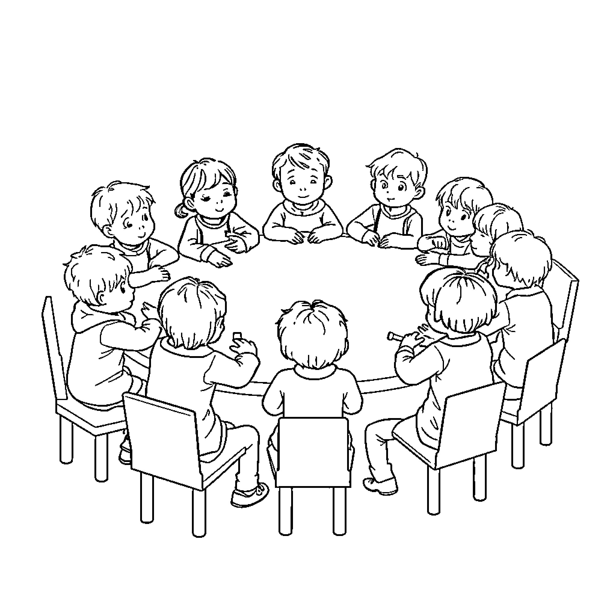 Children gathered around a table for an activity Coloring Page (free black-and-white line drawing printable PDF for all, from beginners to advanced learners, including children, teens, adults, and seniors)