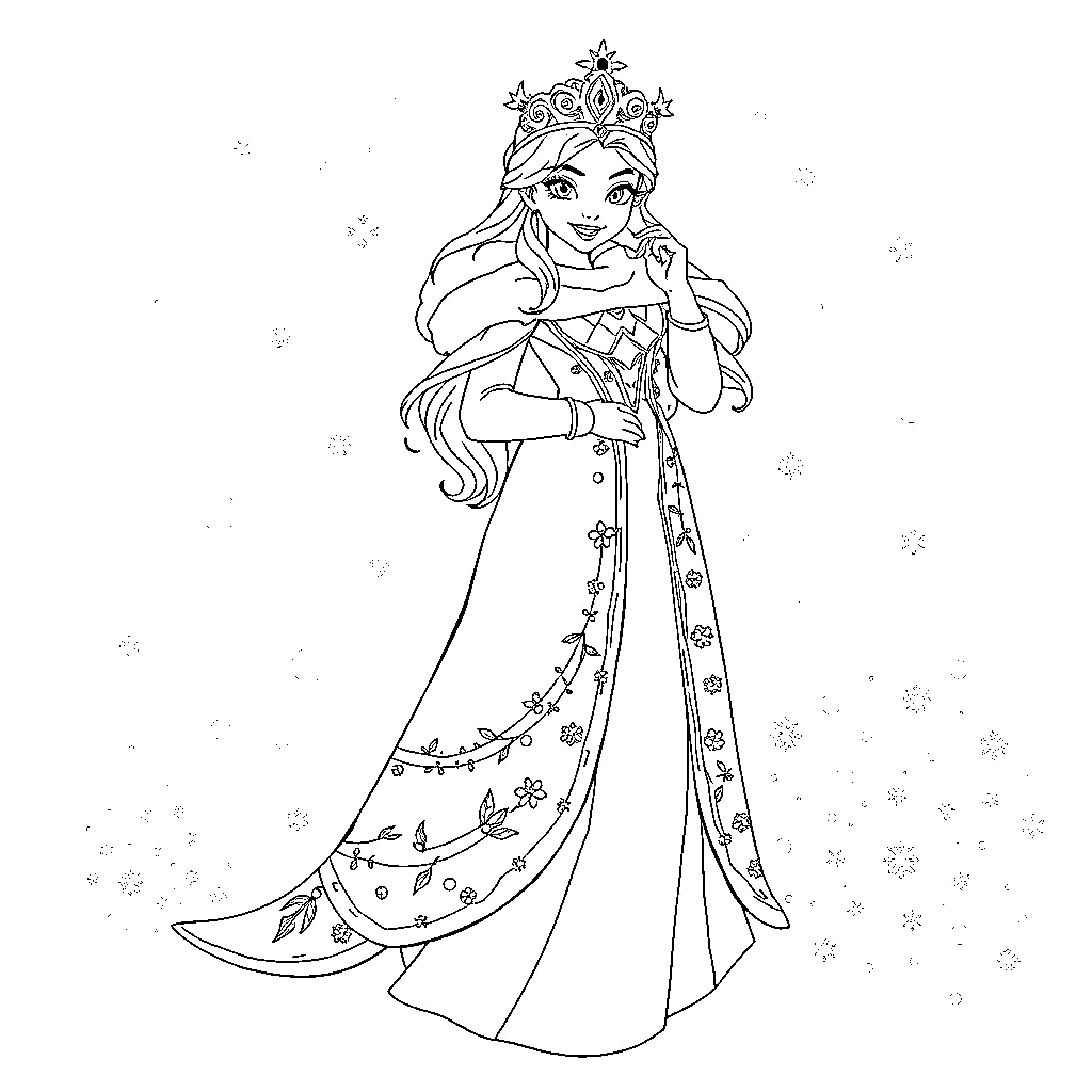 Snow Queen in Ornate Gown and Tiara Coloring Page (free black-and-white line drawing printable PDF for all, from beginners to advanced learners, including children, teens, adults, and seniors)