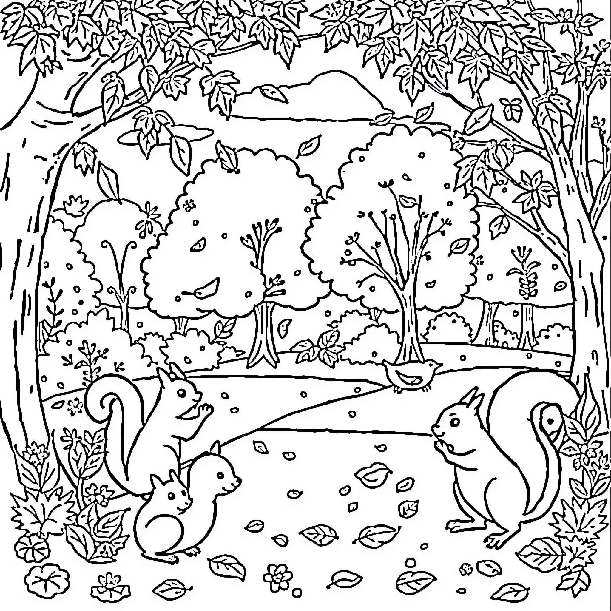 Leaf-Filled Woodland Scene with Playful Squirrels Coloring Page (free black-and-white line drawing printable PDF for all, from beginners to advanced learners, including children, teens, adults, and seniors)