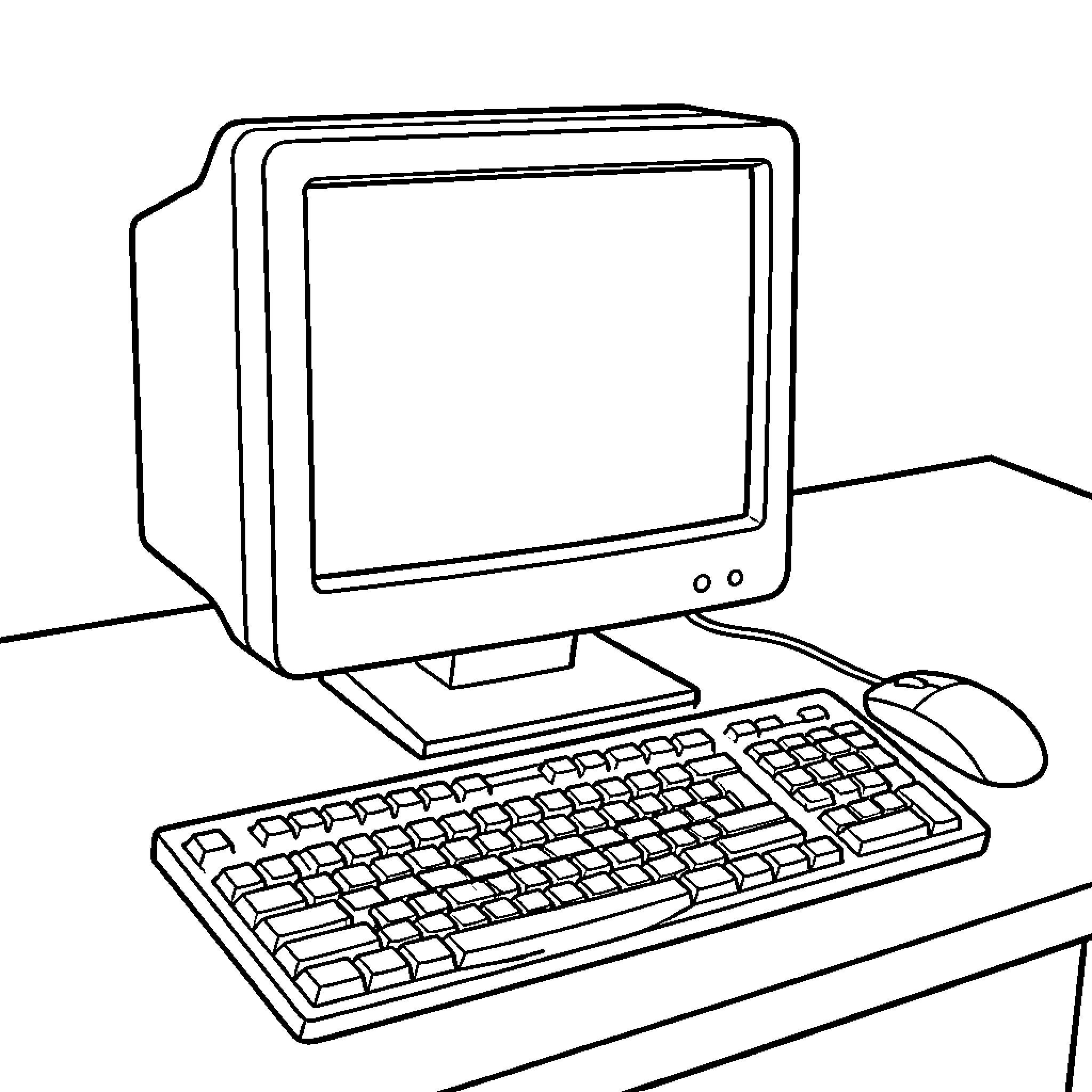 Computer workstation sitting on a desk Coloring Page (free black-and-white line drawing printable PDF for all, from beginners to advanced learners, including children, teens, adults, and seniors)