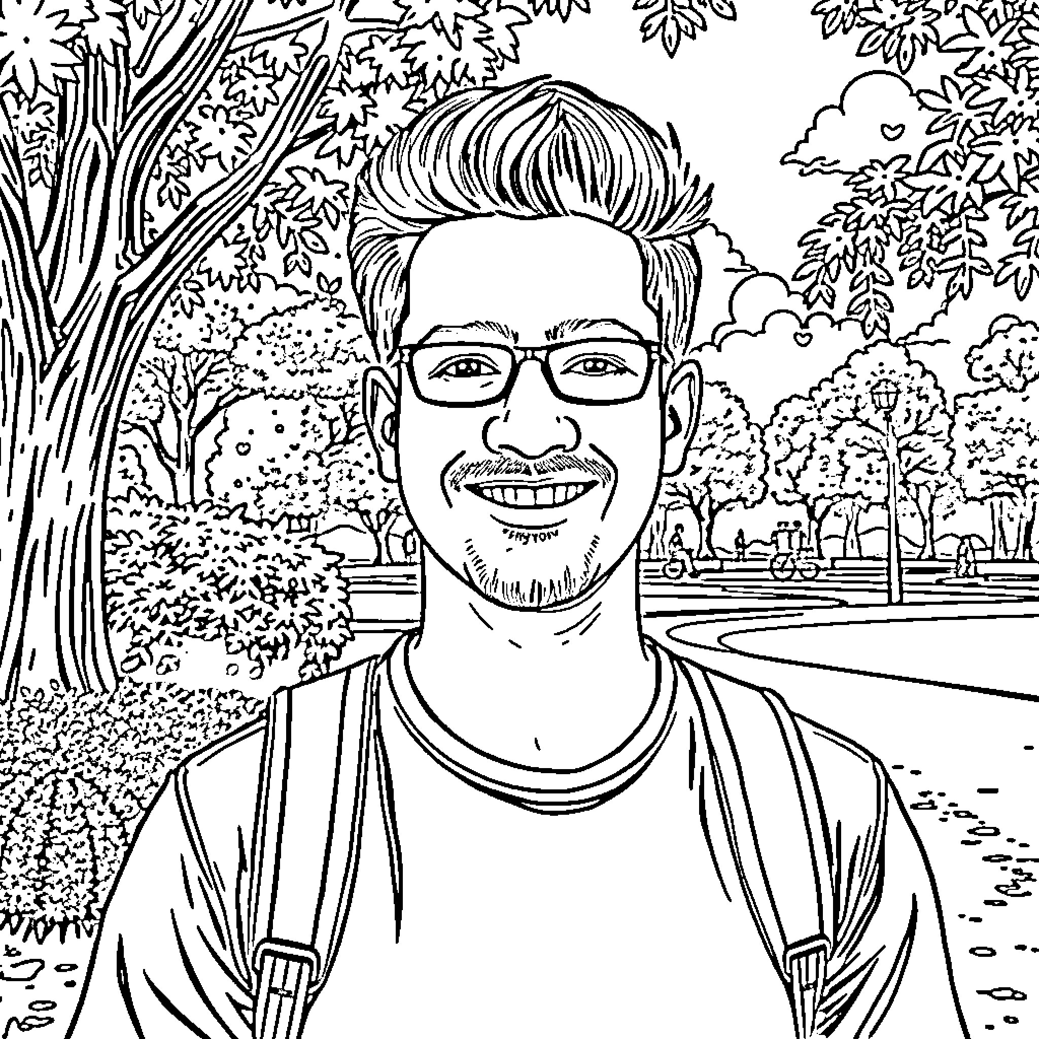 Tirth Parmar in a whimsical outdoor scene Coloring Page (free black-and-white line drawing printable PDF for all, from beginners to advanced learners, including children, teens, adults, and seniors)