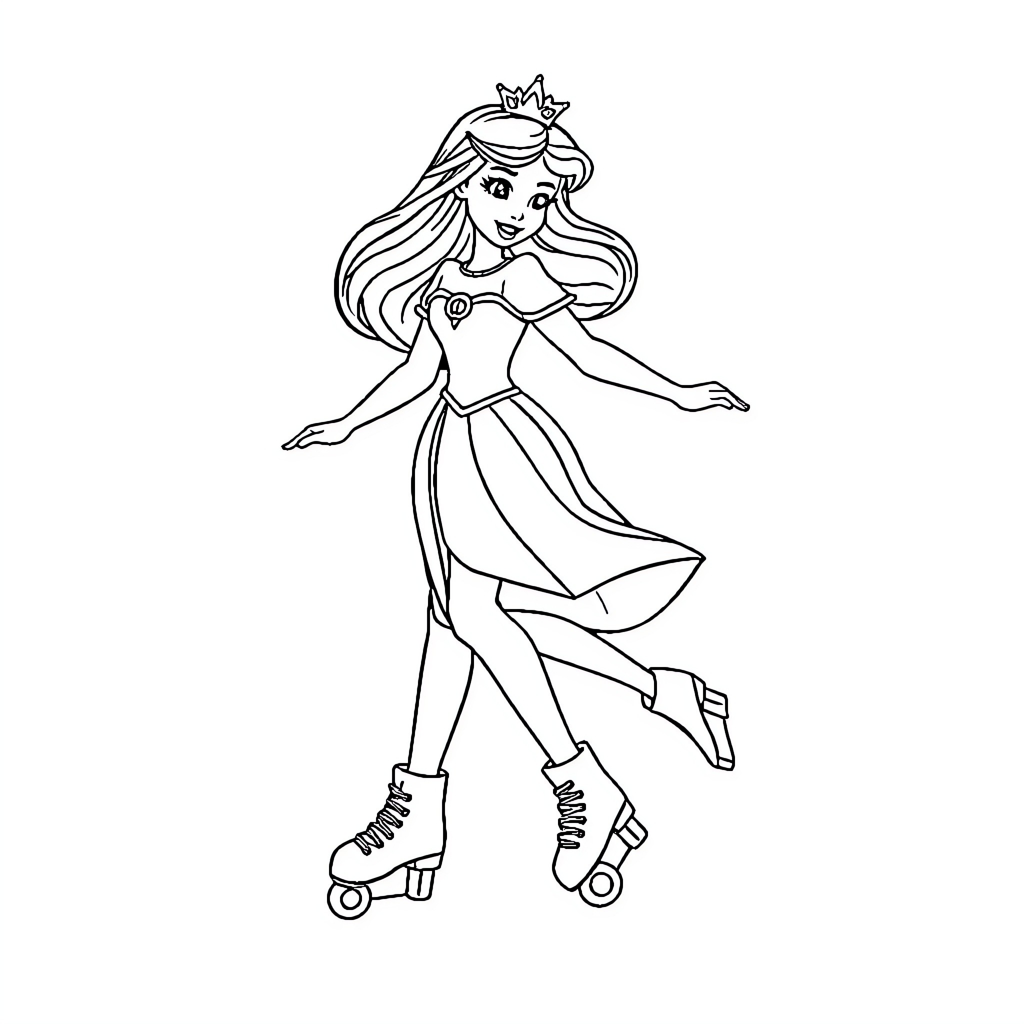 Disney Princess roller skating in dress Coloring Page (free black-and-white line drawing printable PDF for all, from beginners to advanced learners, including children, teens, adults, and seniors)