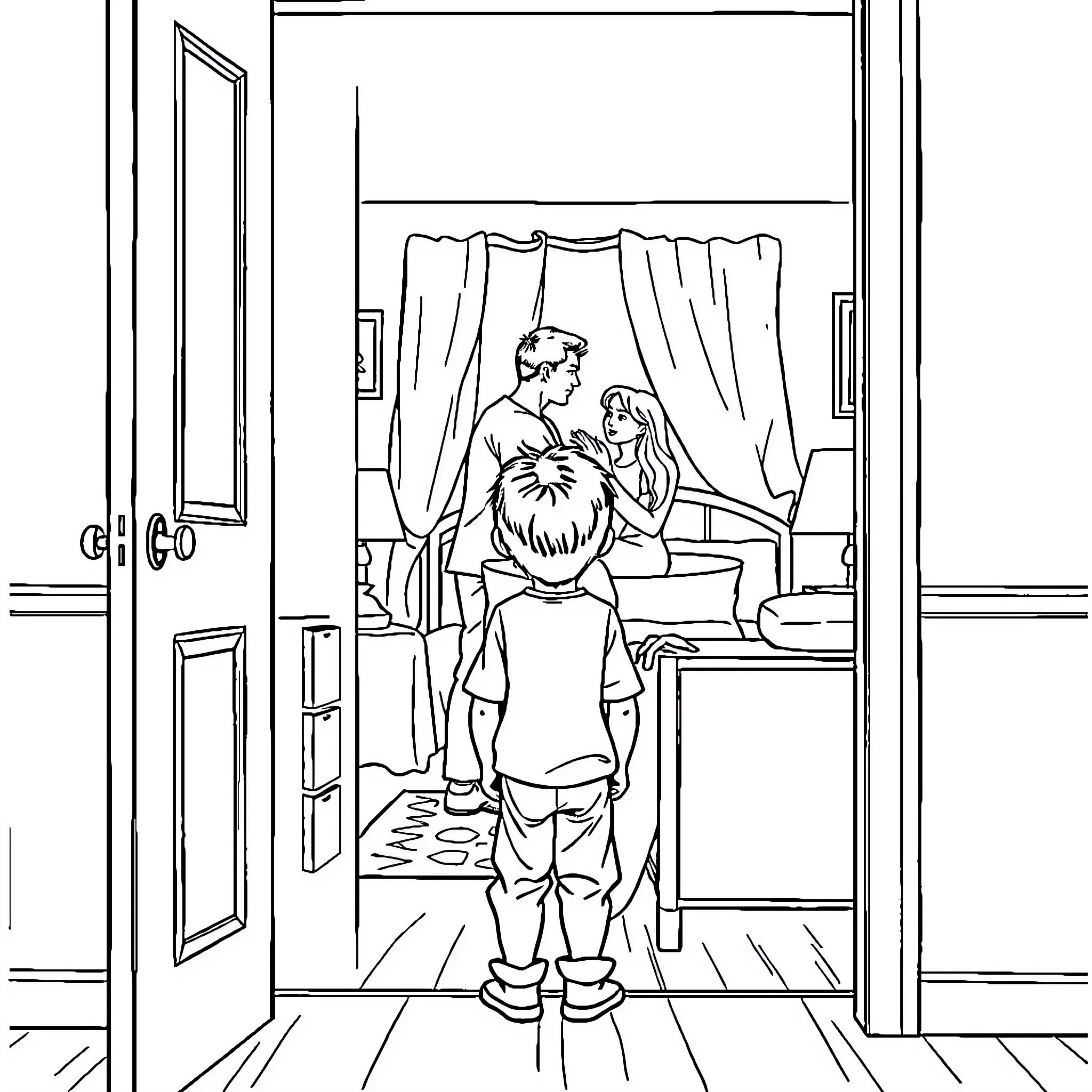 Boy standing in doorway observing family scene Coloring Page (free black-and-white line drawing printable PDF for all, from beginners to advanced learners, including children, teens, adults, and seniors)