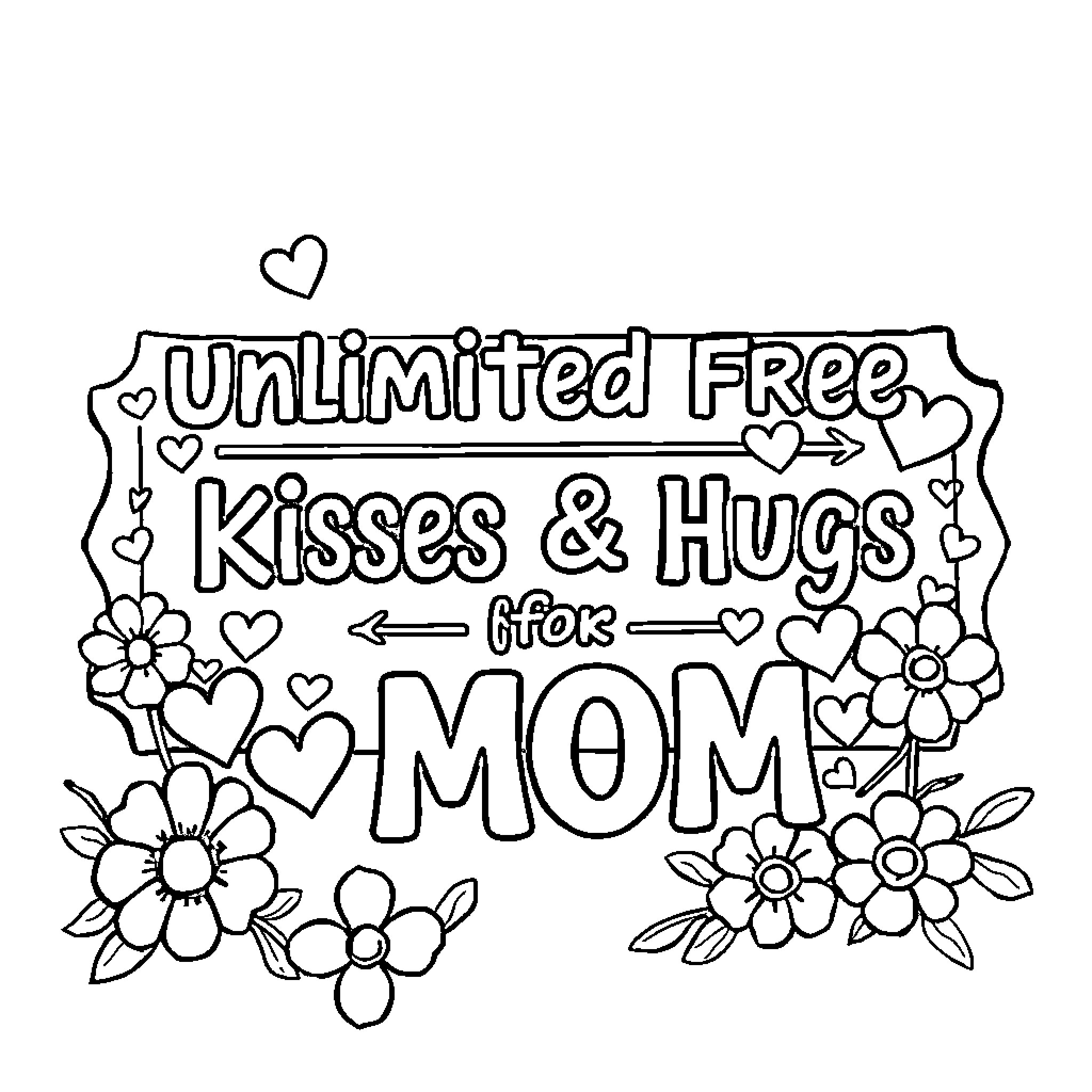 Coupon for unlimited free kisses and hugs for mom Coloring Page (free black-and-white line drawing printable PDF for all, from beginners to advanced learners, including children, teens, adults, and seniors)