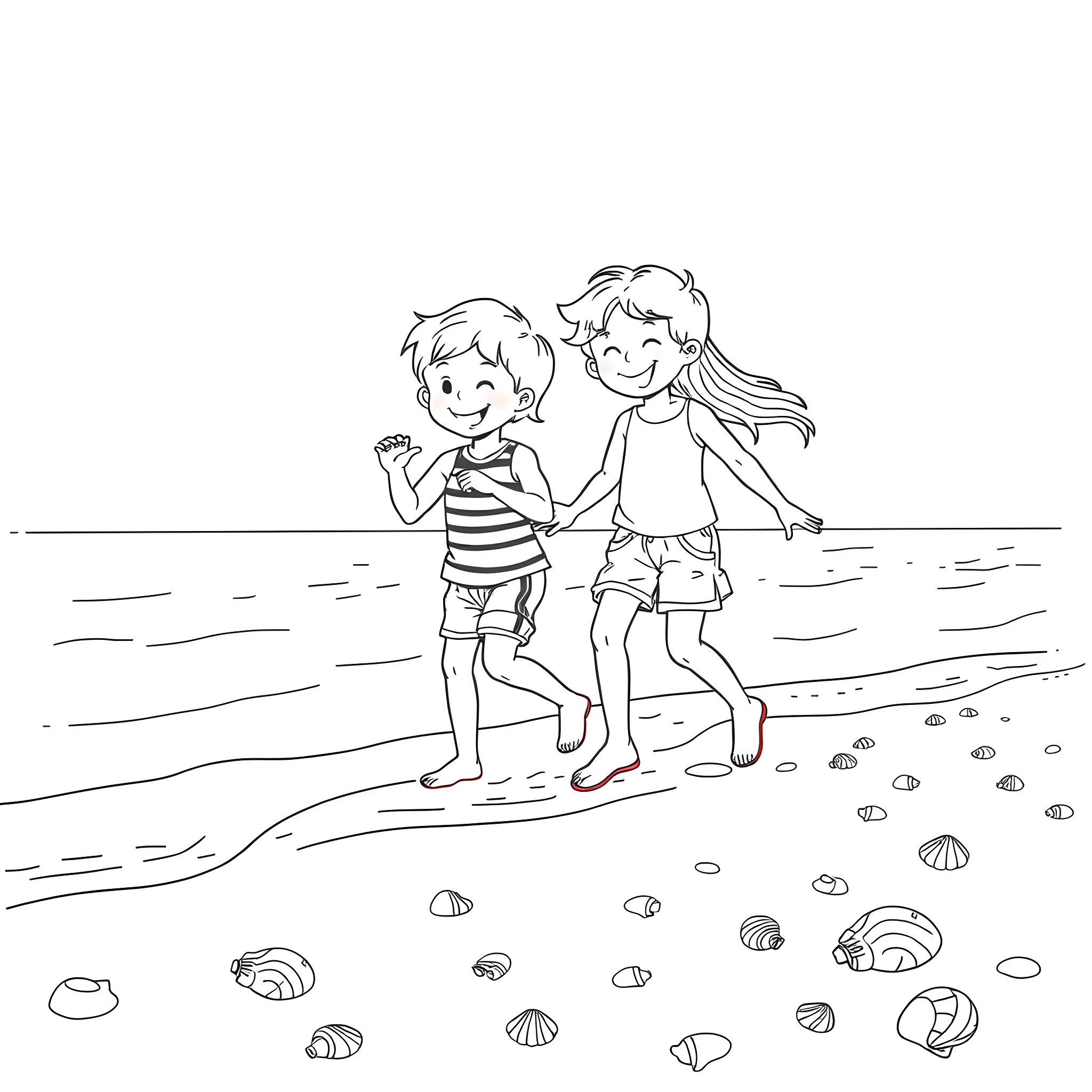 Teen friends enjoying a day at the beach Coloring Page (free black-and-white line drawing printable PDF for all, from beginners to advanced learners, including children, teens, adults, and seniors)