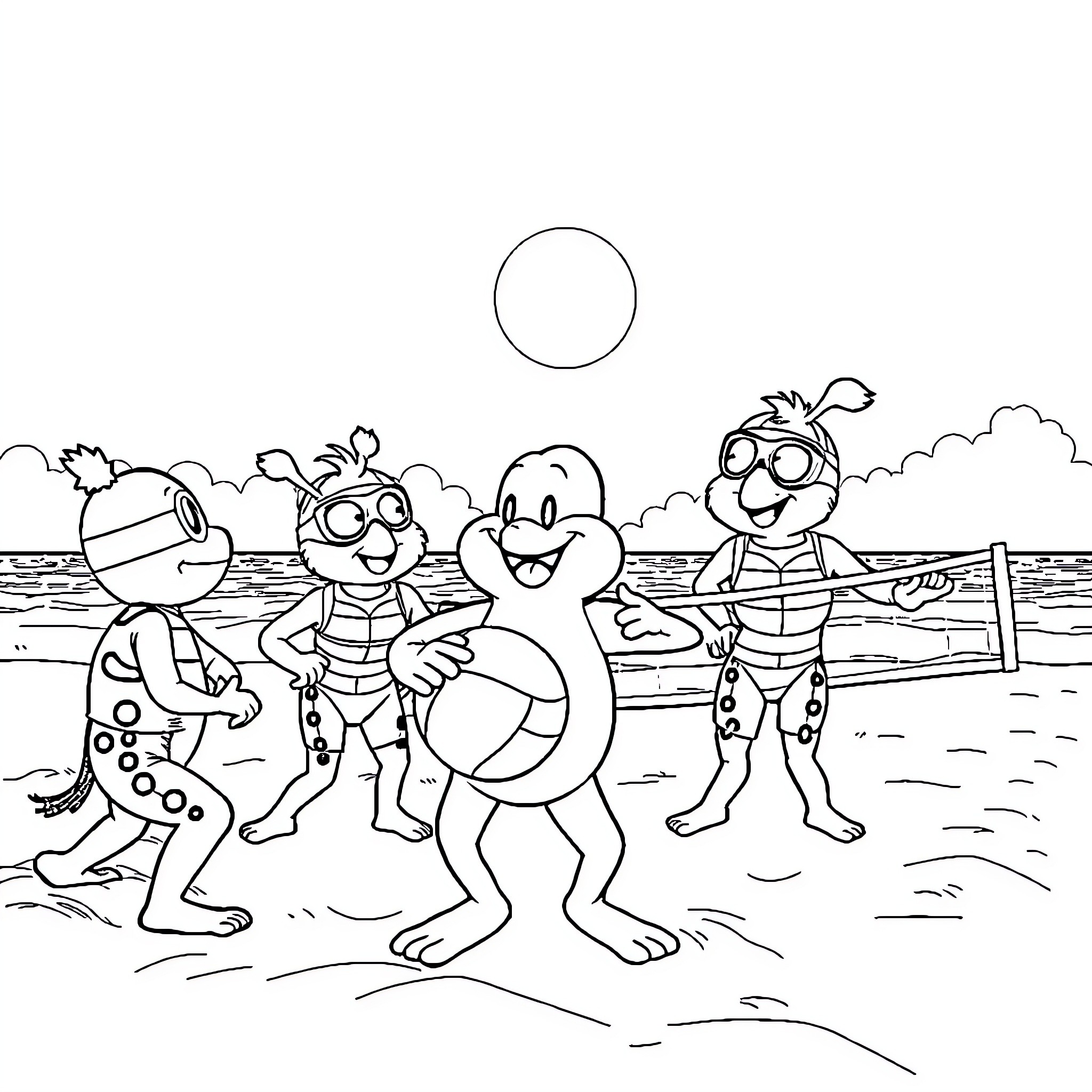 Bob l'éponge and friends enjoying a day at the beach Coloring Page (free black-and-white line drawing printable PDF for all, from beginners to advanced learners, including children, teens, adults, and seniors)