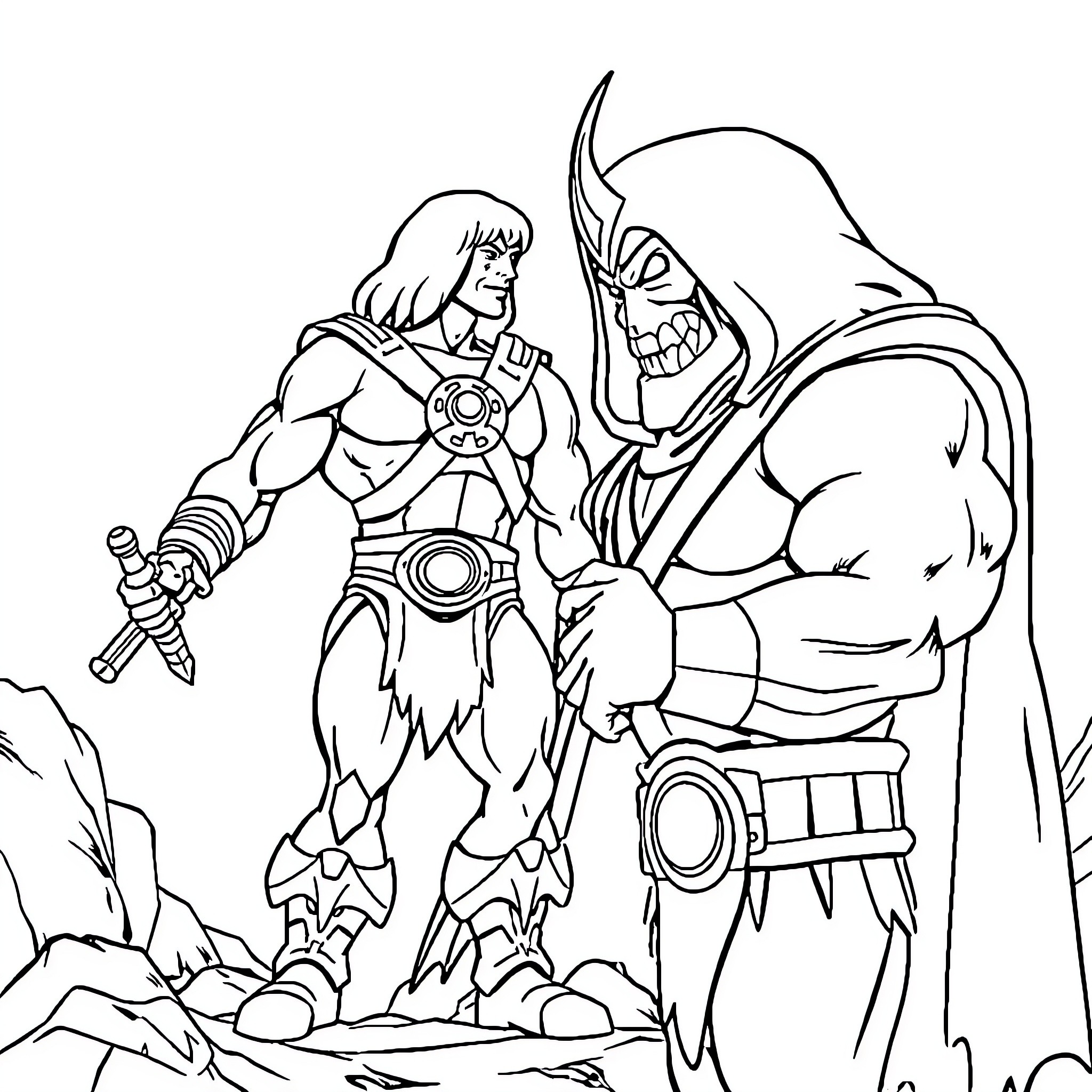 He-Man confronting a powerful enemy in battle Coloring Page (free black-and-white line drawing printable PDF for all, from beginners to advanced learners, including children, teens, adults, and seniors)
