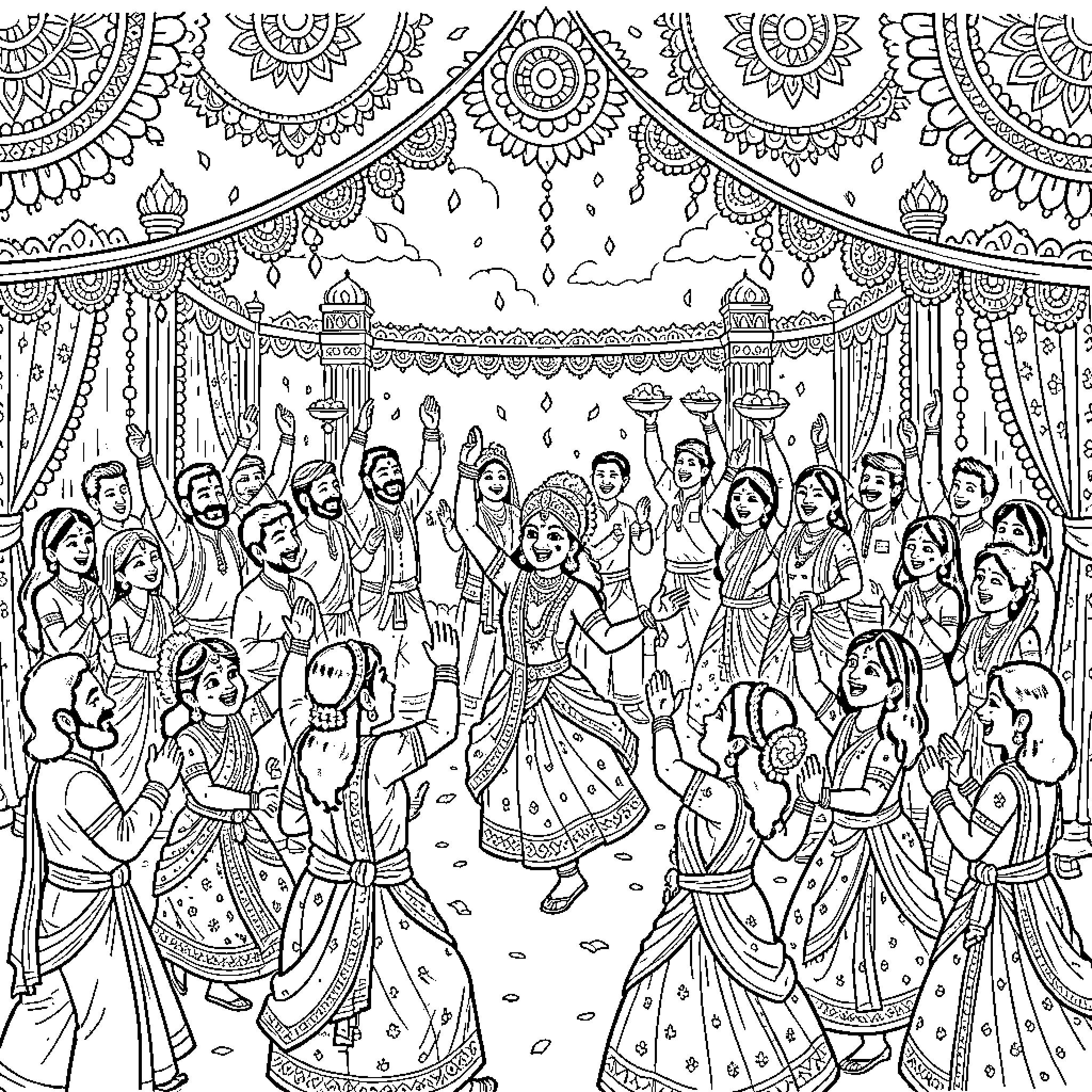 Navratri celebration with traditional dance and attire Coloring Page (free black-and-white line drawing printable PDF for all, from beginners to advanced learners, including children, teens, adults, and seniors)