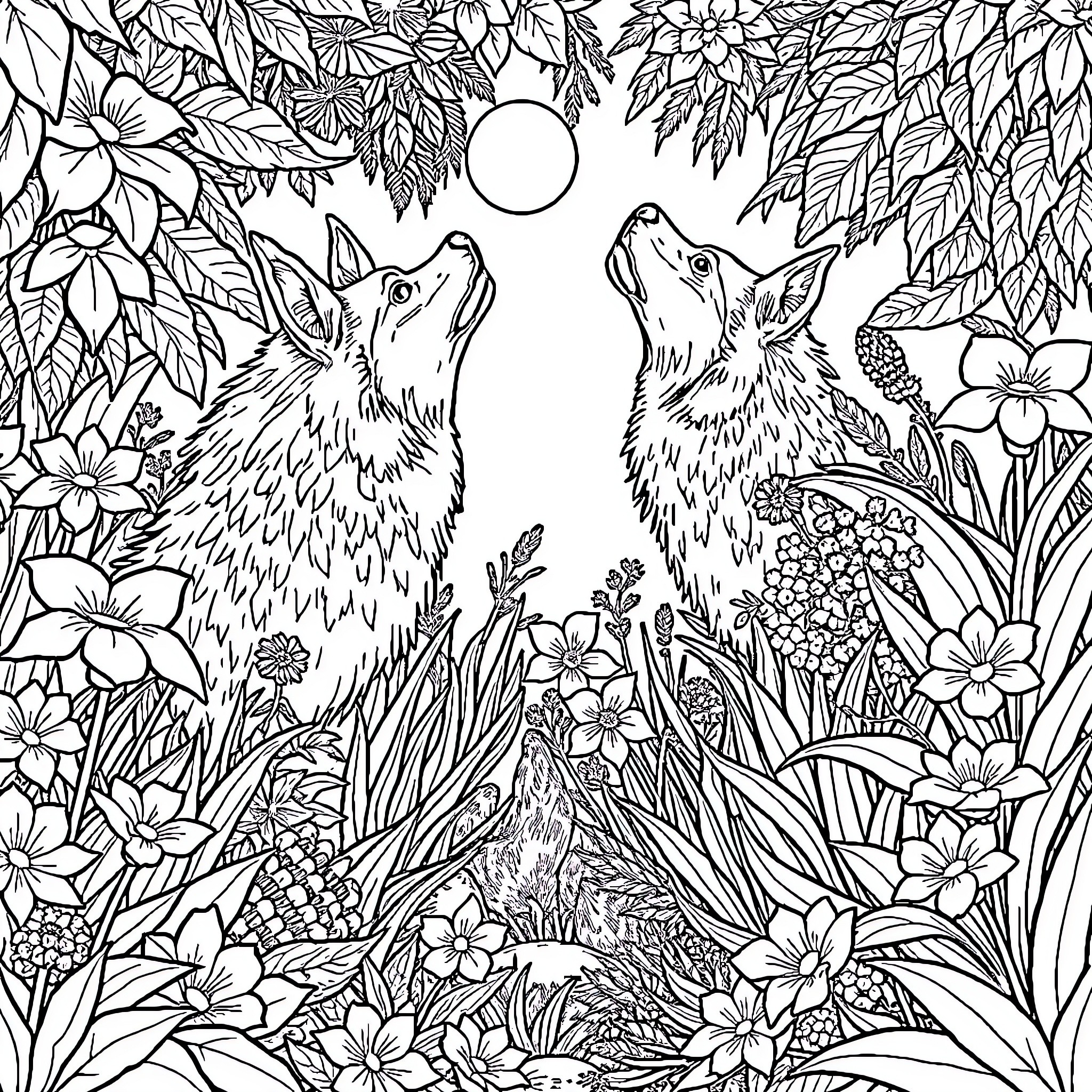 Wolf Howling Beautifully in the Moonlit Forest Coloring Page (free black-and-white line drawing printable PDF for all, from beginners to advanced learners, including children, teens, adults, and seniors)