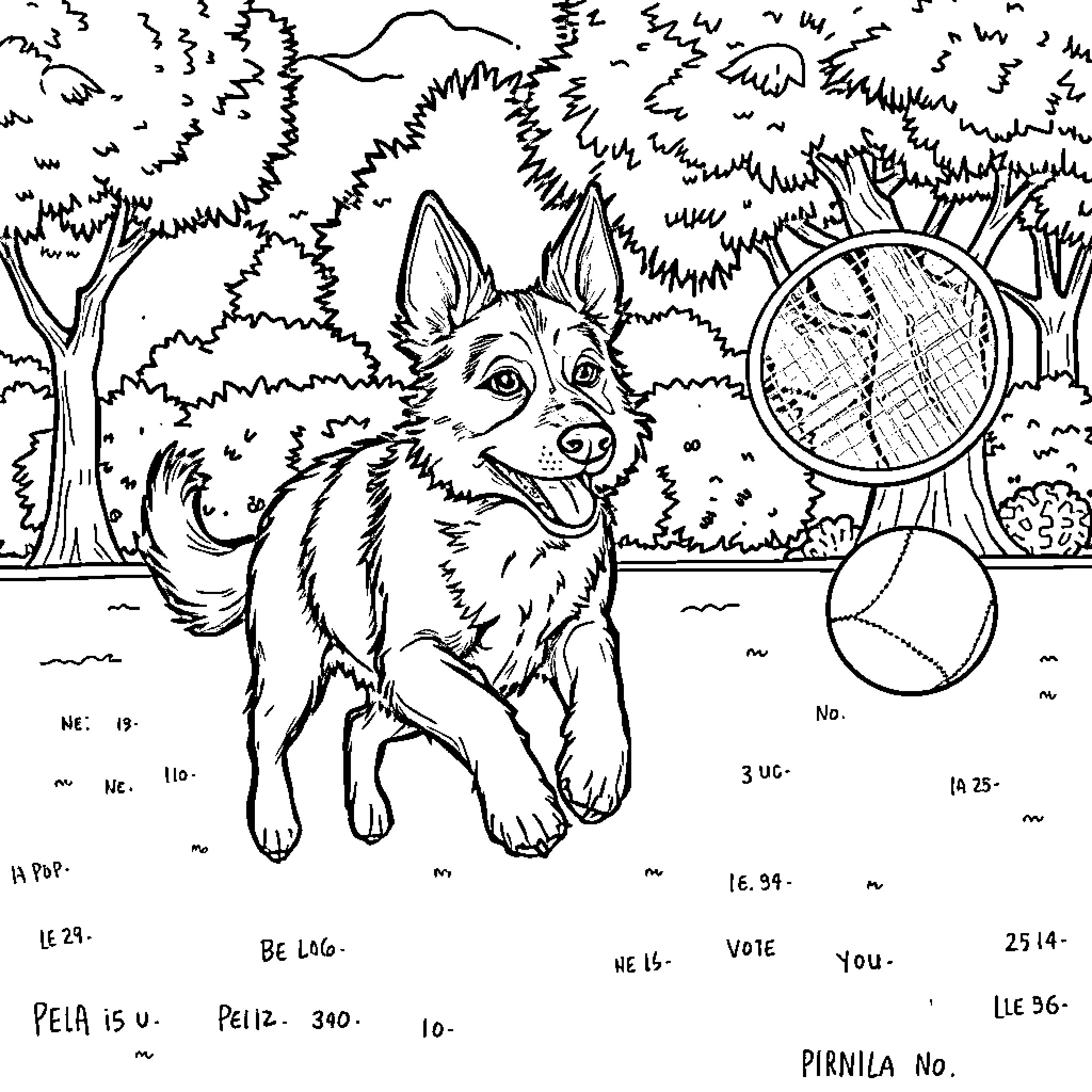 Perro playing in the forest with toys Coloring Page (free black-and-white line drawing printable PDF for all, from beginners to advanced learners, including children, teens, adults, and seniors)