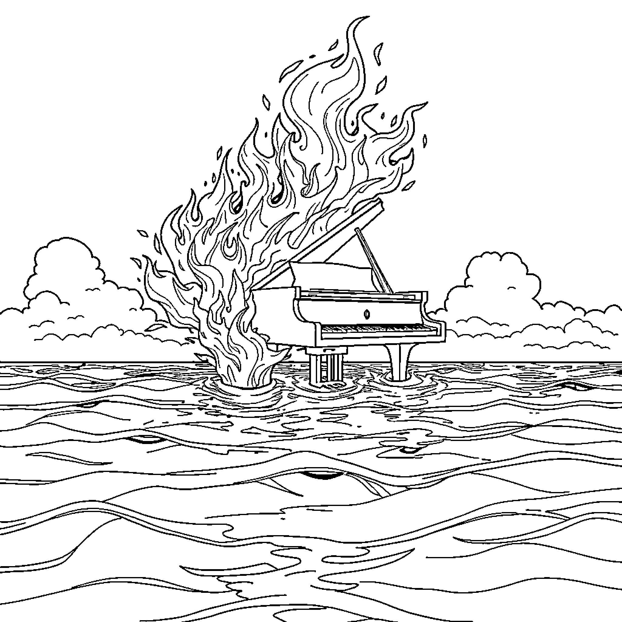Piano on Fire Floating on the Ocean Coloring Page (free black-and-white line drawing printable PDF for all, from beginners to advanced learners, including children, teens, adults, and seniors)
