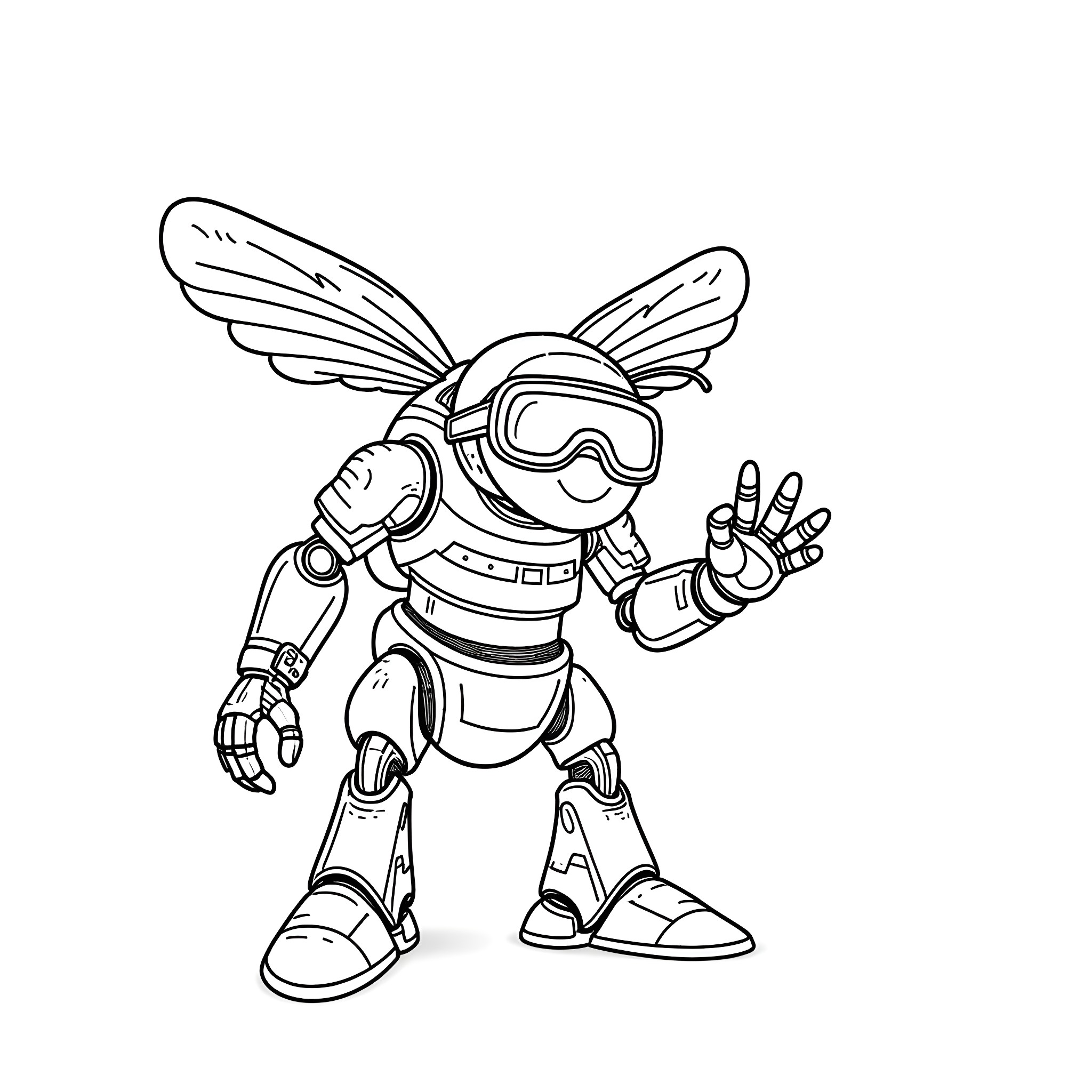 Bumblebee robot flying and making a peace sign Coloring Page (free black-and-white line drawing printable PDF for all, from beginners to advanced learners, including children, teens, adults, and seniors)