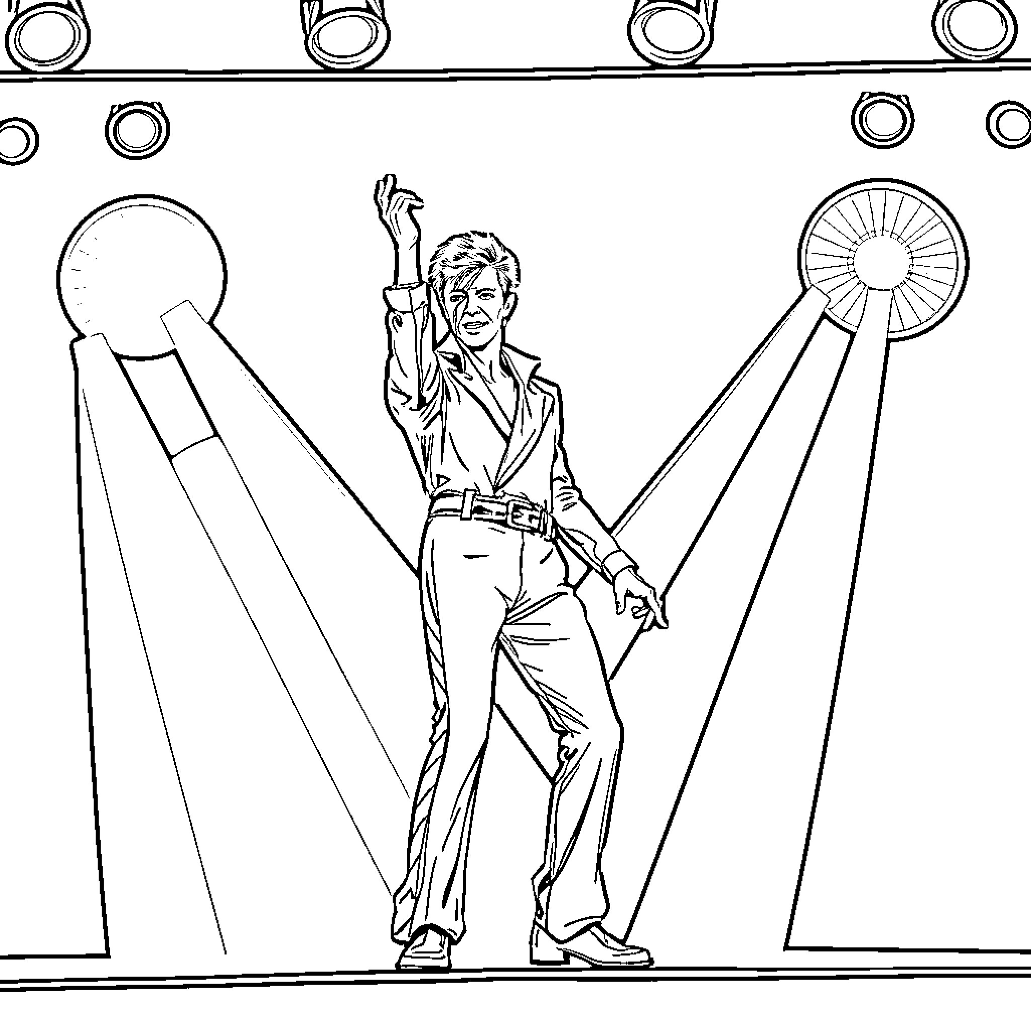 David Bowie performing on stage with flashy lights Coloring Page (free black-and-white line drawing printable PDF for all, from beginners to advanced learners, including children, teens, adults, and seniors)