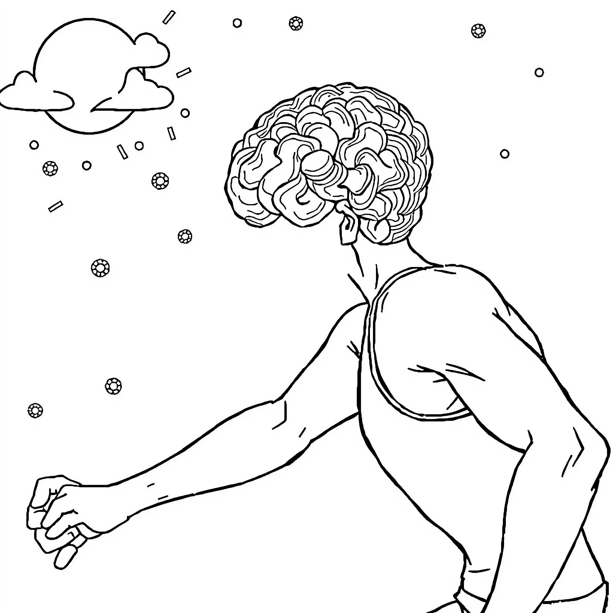 Mental Health: Person with Stormy Mind Embracing Themselves Coloring Page (free black-and-white line drawing printable PDF for all, from beginners to advanced learners, including children, teens, adults, and seniors)