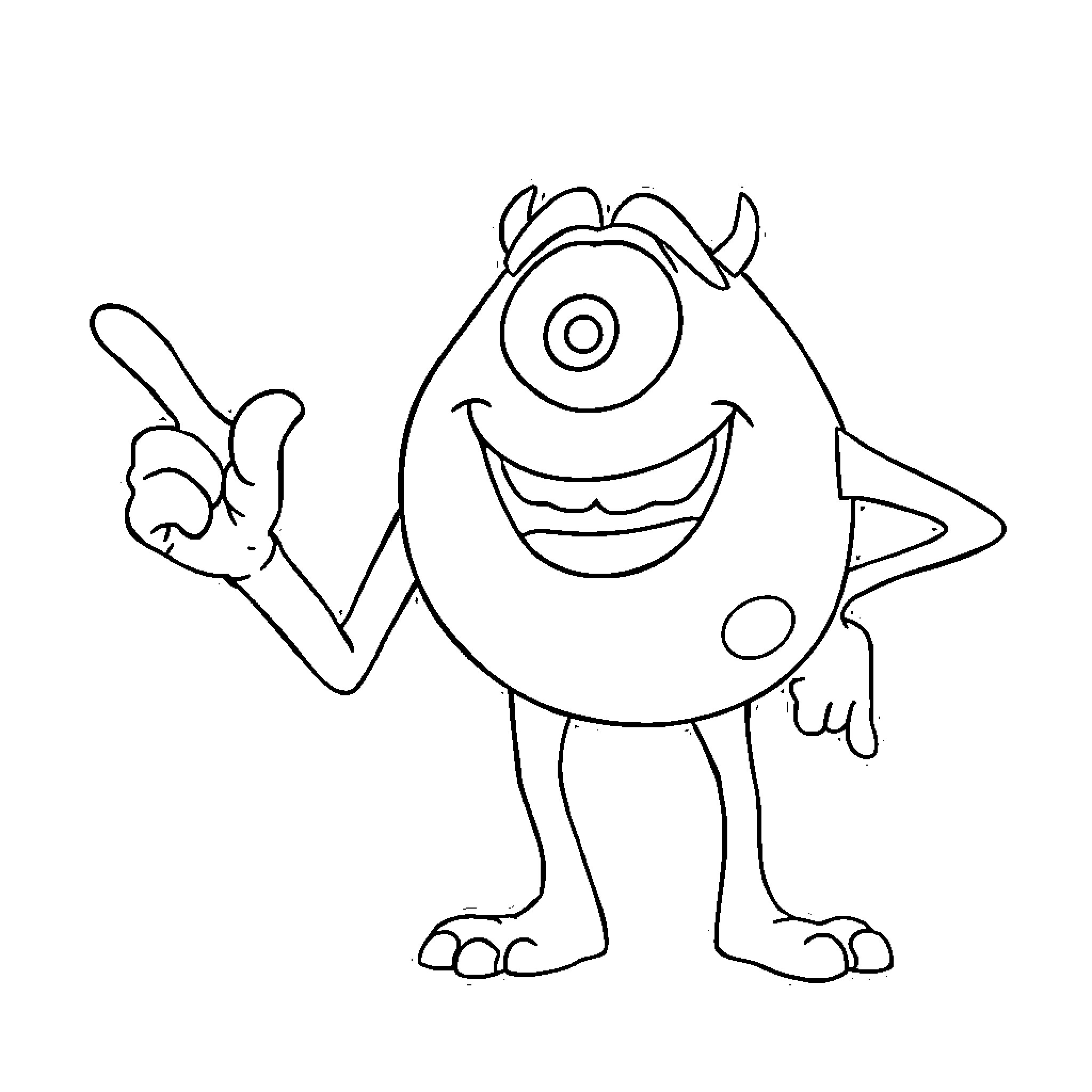 Mike the one-eyed monster making a peace sign Coloring Page (free black-and-white line drawing printable PDF for all, from beginners to advanced learners, including children, teens, adults, and seniors)