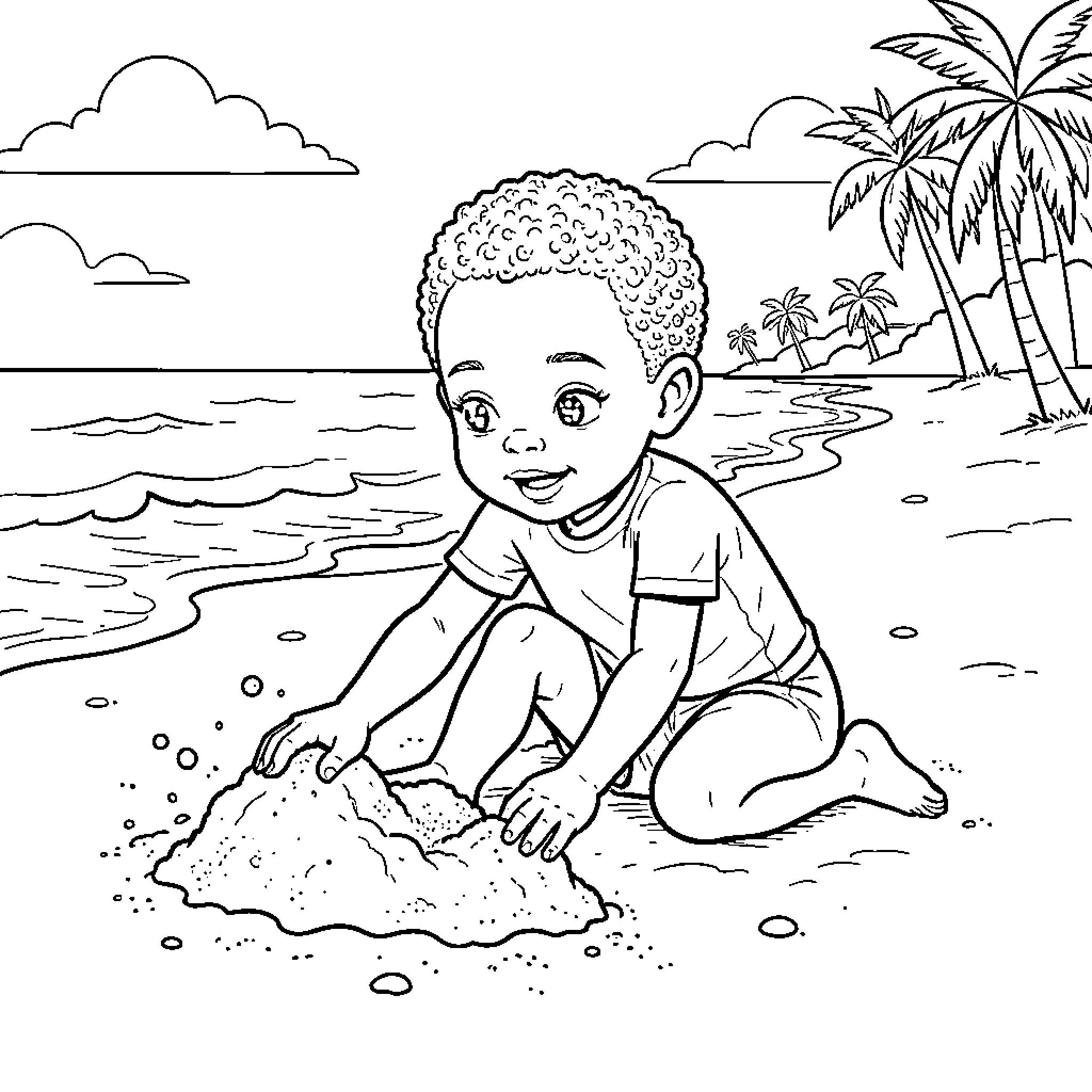 Child playing with sand on a sunny beach Coloring Page (free black-and-white line drawing printable PDF for all, from beginners to advanced learners, including children, teens, adults, and seniors)