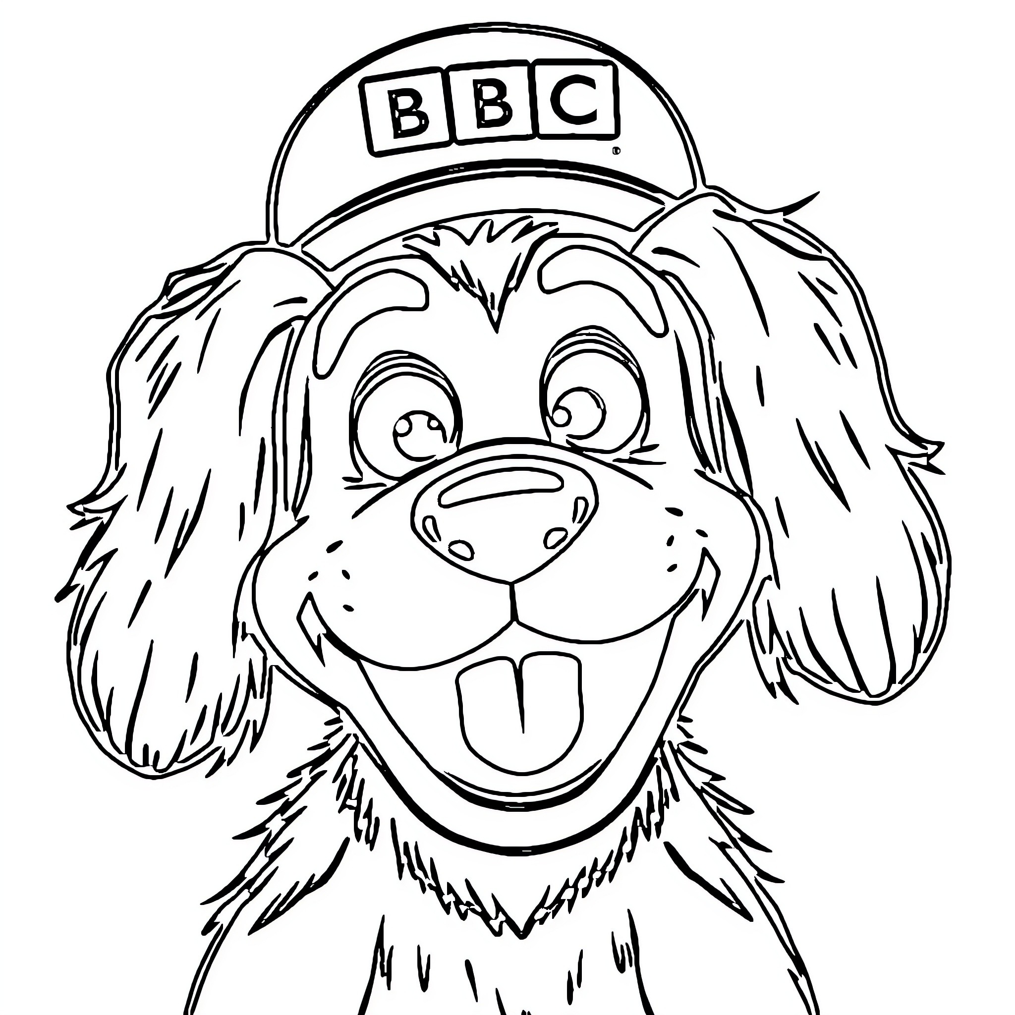 Hacker Dog with BBC cap and friendly expression Coloring Page (free black-and-white line drawing printable PDF for all, from beginners to advanced learners, including children, teens, adults, and seniors)