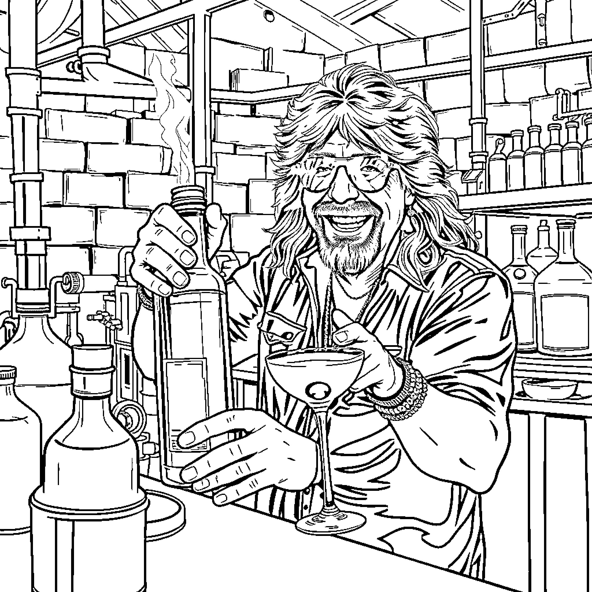 Sammy Hagar enjoying a drink in his workshop Coloring Page (free black-and-white line drawing printable PDF for all, from beginners to advanced learners, including children, teens, adults, and seniors)