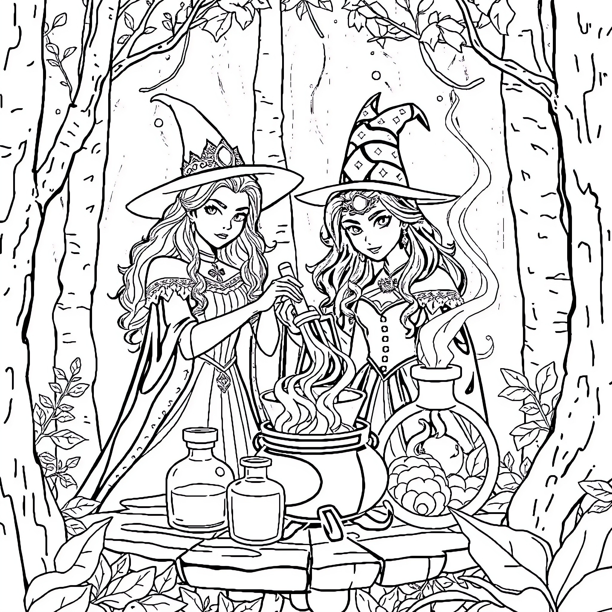 Lana Parrilla as Witches Casting Spells in the Forest Coloring Page (free black-and-white line drawing printable PDF for all, from beginners to advanced learners, including children, teens, adults, and seniors)