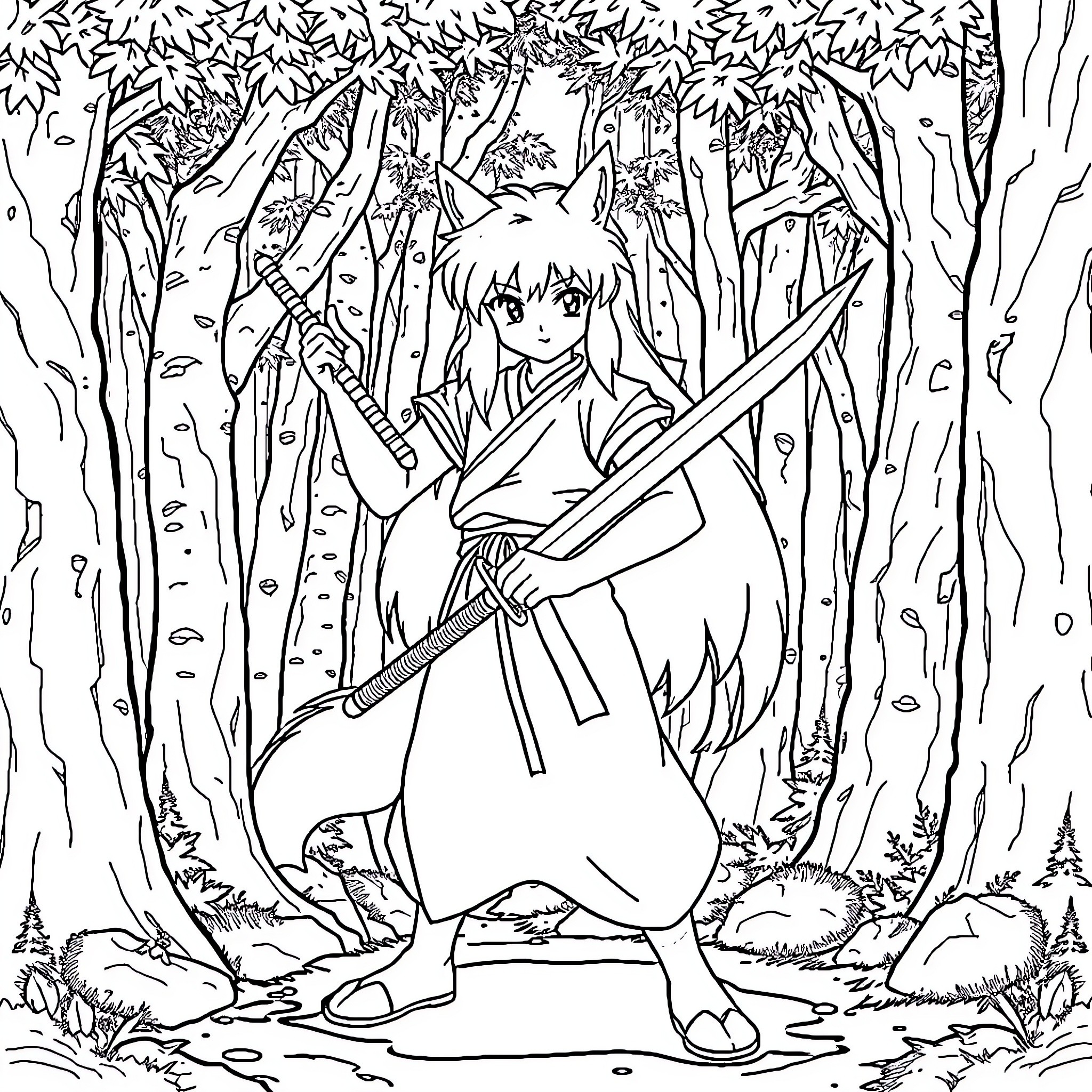 Inuyasha in the Enchanted Forest Coloring Page (free black-and-white line drawing printable PDF for all, from beginners to advanced learners, including children, teens, adults, and seniors)