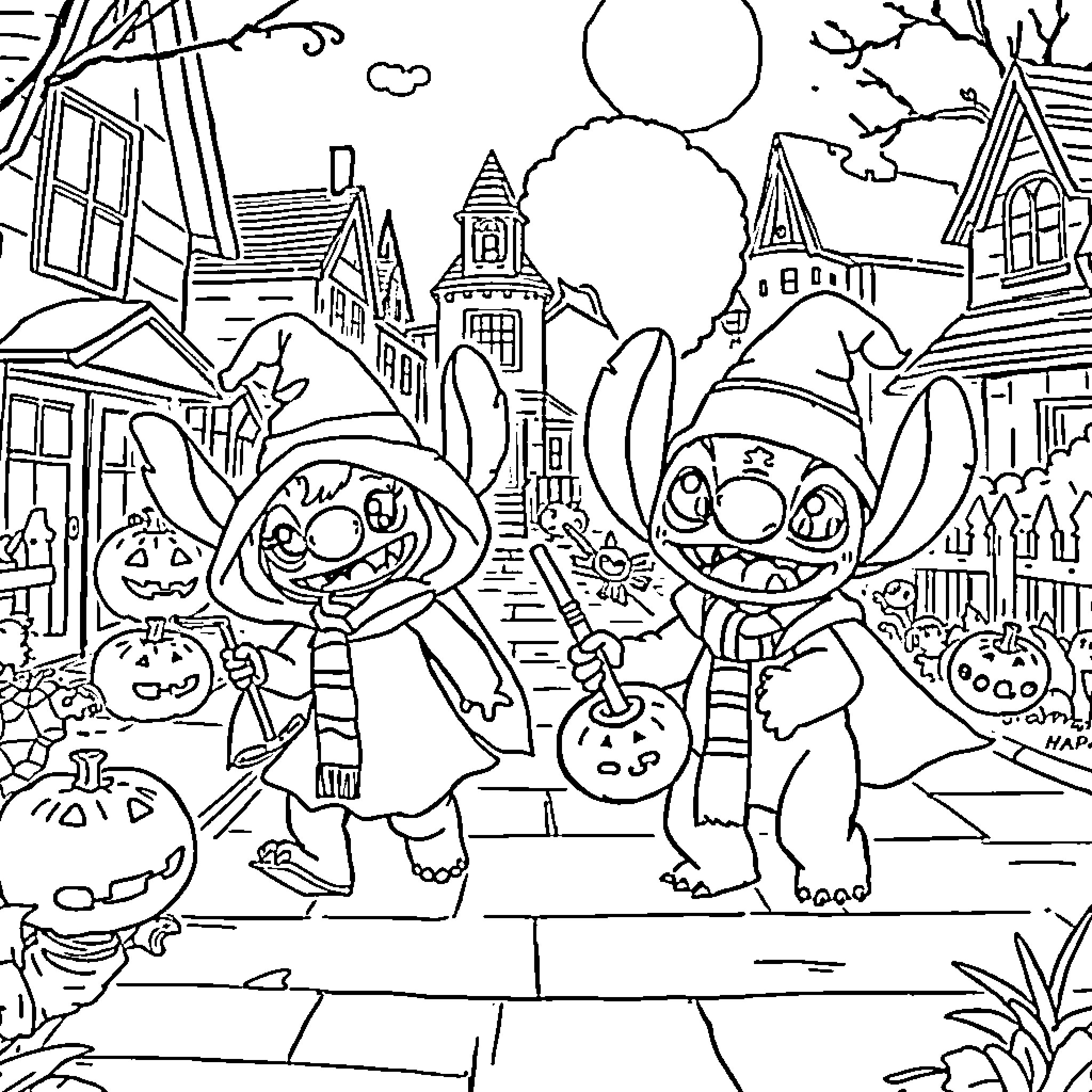 Lilo And Stitch Explore the Enchanting Town Coloring Page (free black-and-white line drawing printable PDF for all, from beginners to advanced learners, including children, teens, adults, and seniors)