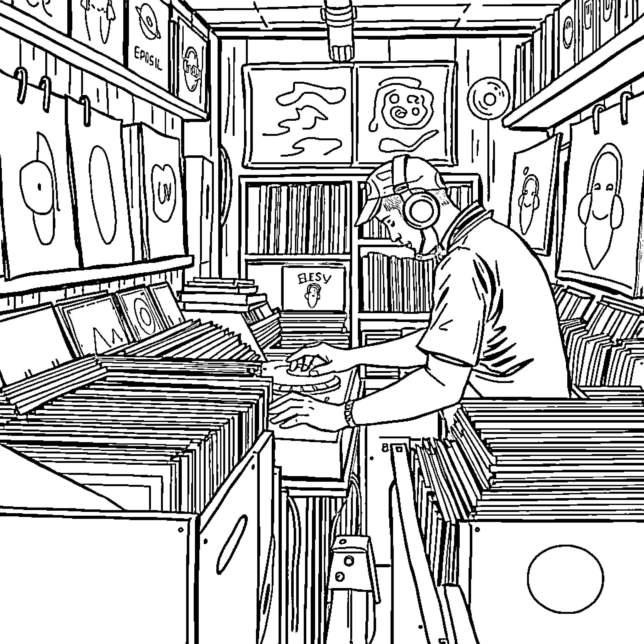 DJ Browsing Vinyl Records in Retro Music Shop Coloring Page (free black-and-white line drawing printable PDF for all, from beginners to advanced learners, including children, teens, adults, and seniors)