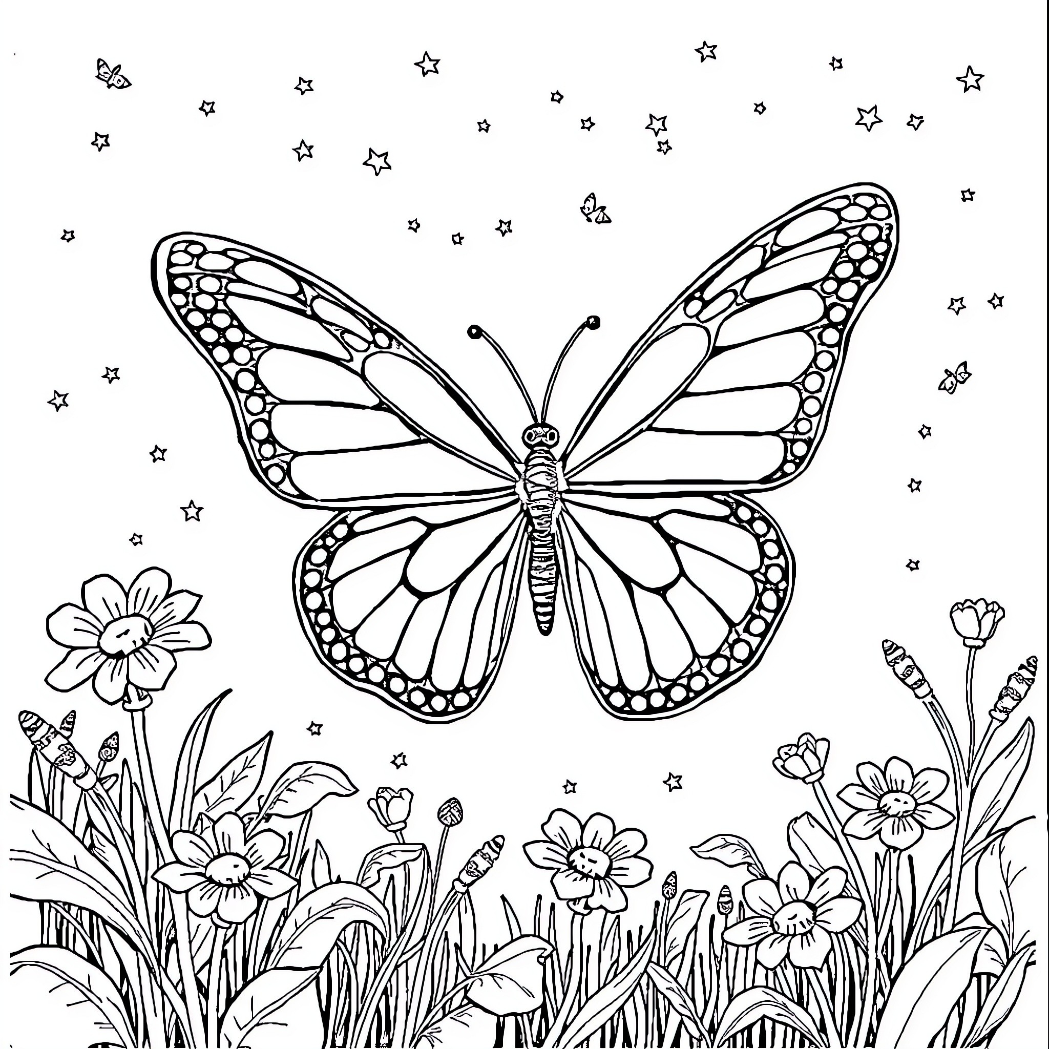 Butterfly floating amidst starry night flowers Coloring Page (free black-and-white line drawing printable PDF for all, from beginners to advanced learners, including children, teens, adults, and seniors)