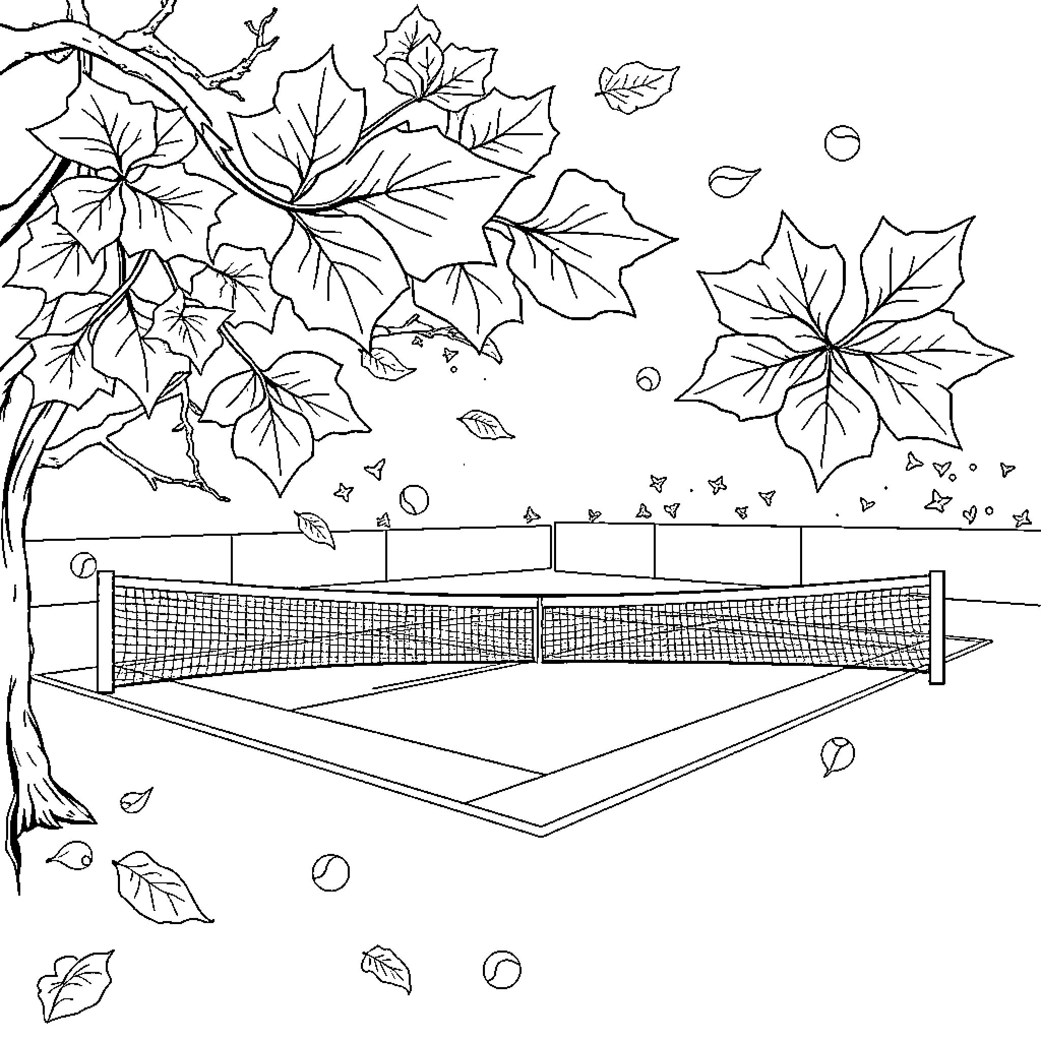 Ginkgo Biloba Tennis Court with Falling Leaves Coloring Page (free black-and-white line drawing printable PDF for all, from beginners to advanced learners, including children, teens, adults, and seniors)